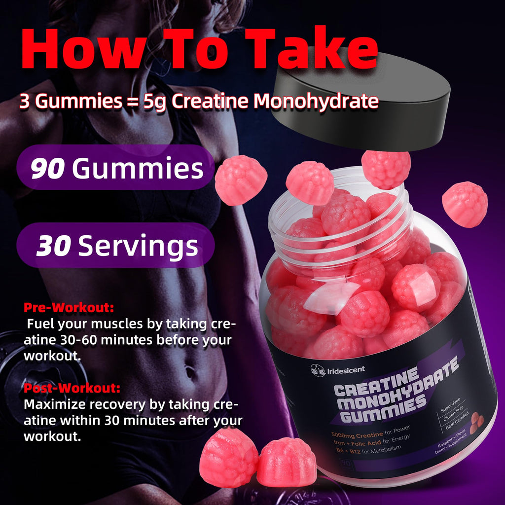 IRIDESICENT Creatine Monohydrate Gummies 5000mg w/Iron, Vitamin B6 & B12, Sugar Free 5g Creatine Supplements for Women and Men Boost Energy & Muscle Recovery - 90 Raspberry Gummies IRIDESICENTBuy Supplements Australia