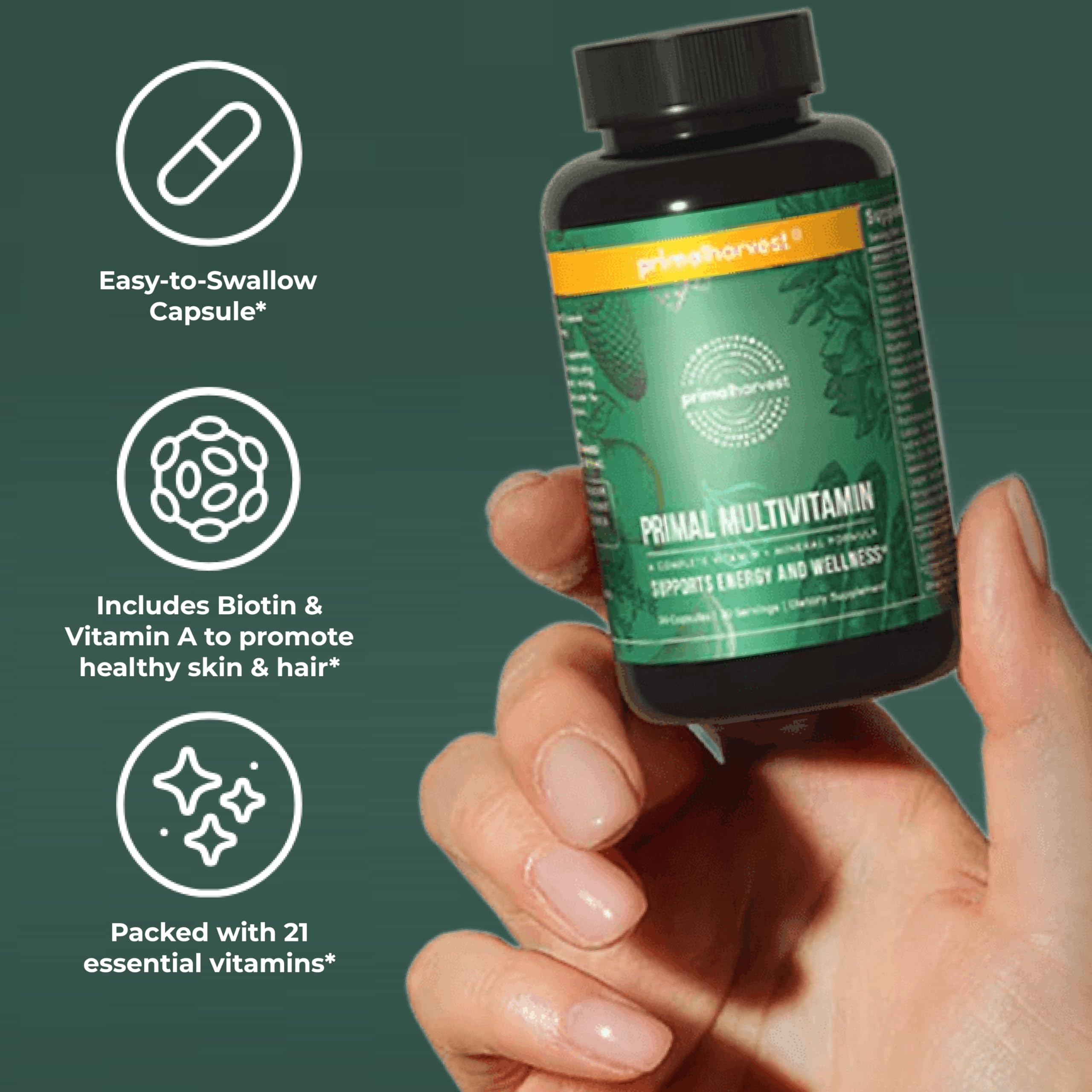 Primal Harvest Primal Multivitamin - Daily Multi-Vitamin Supplement with 21 Essential Vitamins & Minerals for Women & Men - Vitamin A, C, D, E, B12, B6