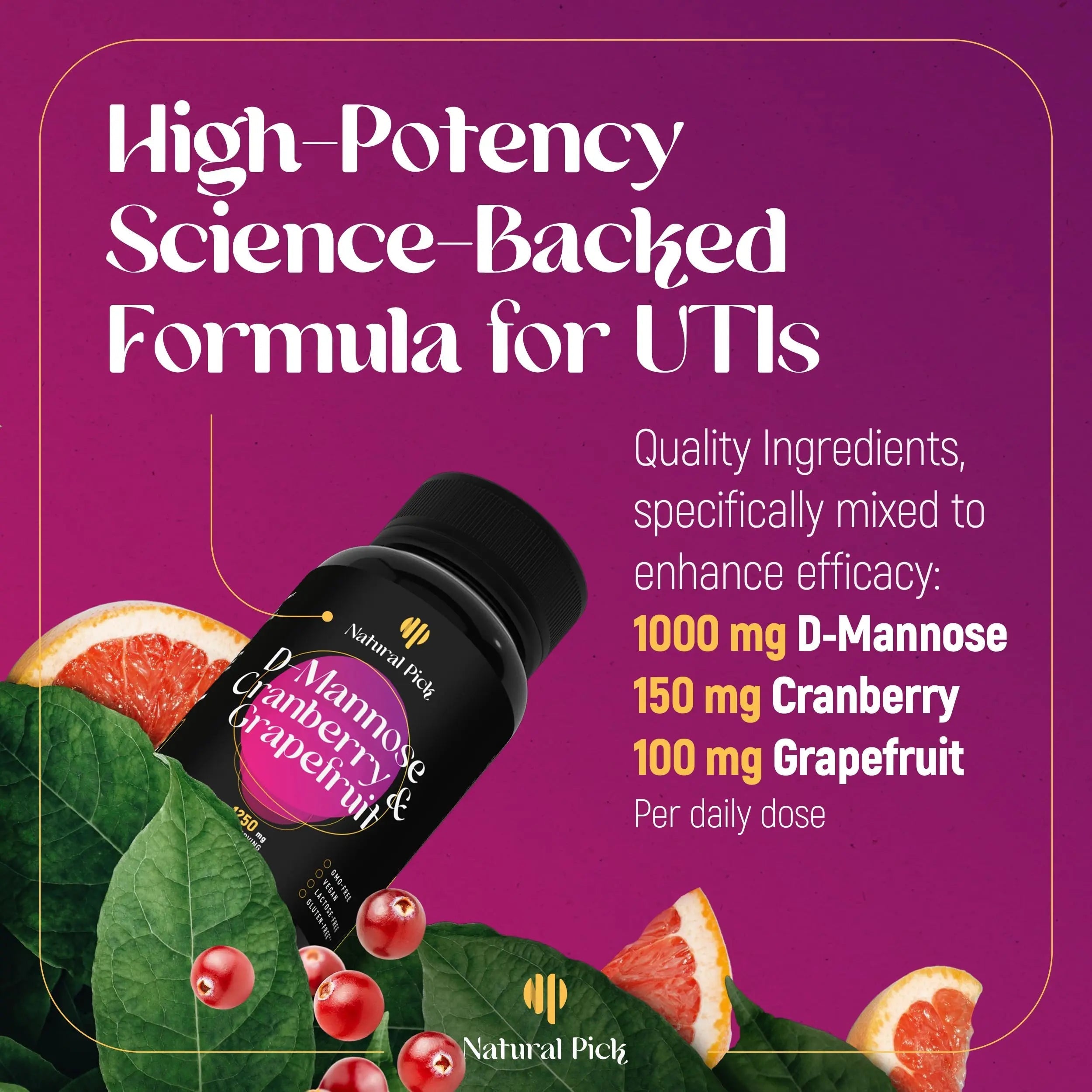 Natural Pick D-Mannose - Cranberry & Grapefruit – Cranberry Pills, UTI Treatment and Fast Relief for Women | Urinary Tract & Bladder Support. 90 Vegan Capsules, D mannose Supplements for Women Natural PickBuy Supplements Australia