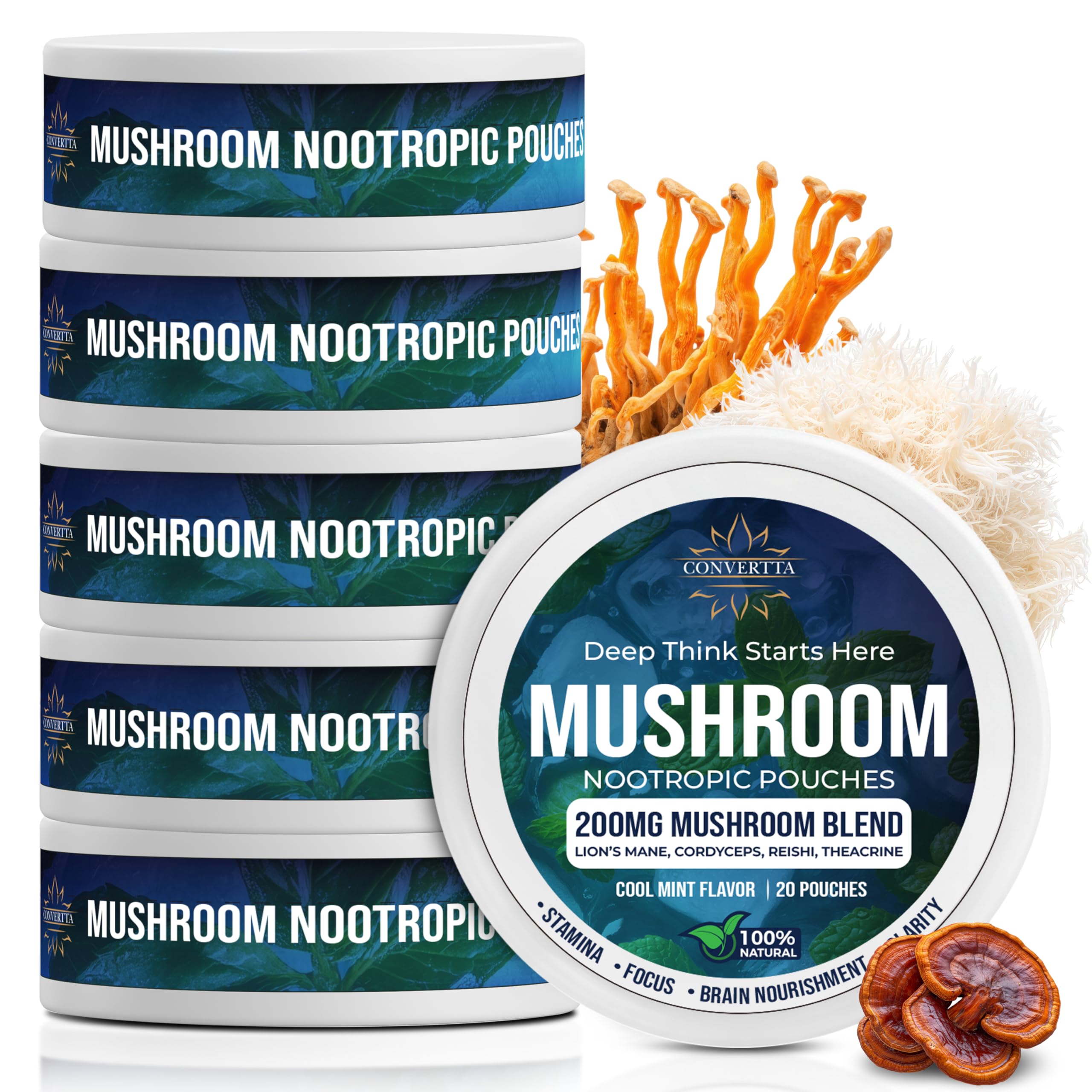 CONVERTTA Mushroom Nootropic Pouches - 200mg Nicotine-Free, Caffeine-Free Organic Mushroom Energy Ultra Pouches with Lion's Mane, Reishi, Cordyceps for Focus & Clean Energy - (6, Cool Mint) CONVERTTABuy Supplements Australia