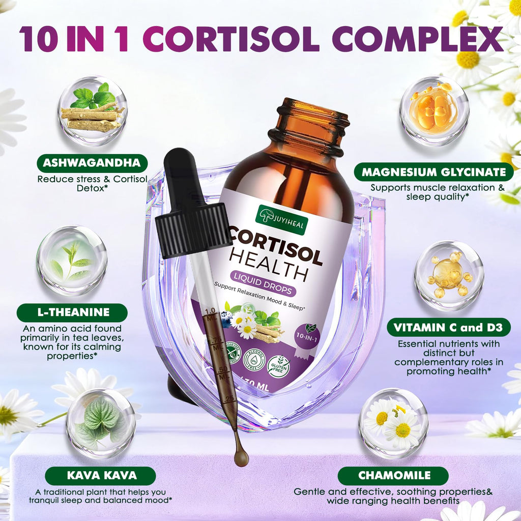 JUYIHEAL Cortisol Supplements, 10 in 1 Cortisol Detox Manager Reducer Hormone Balance Liquid Drops with Ashwagandha, Magnesium, L-theanine JUYIHEALBuy Supplements Australia
