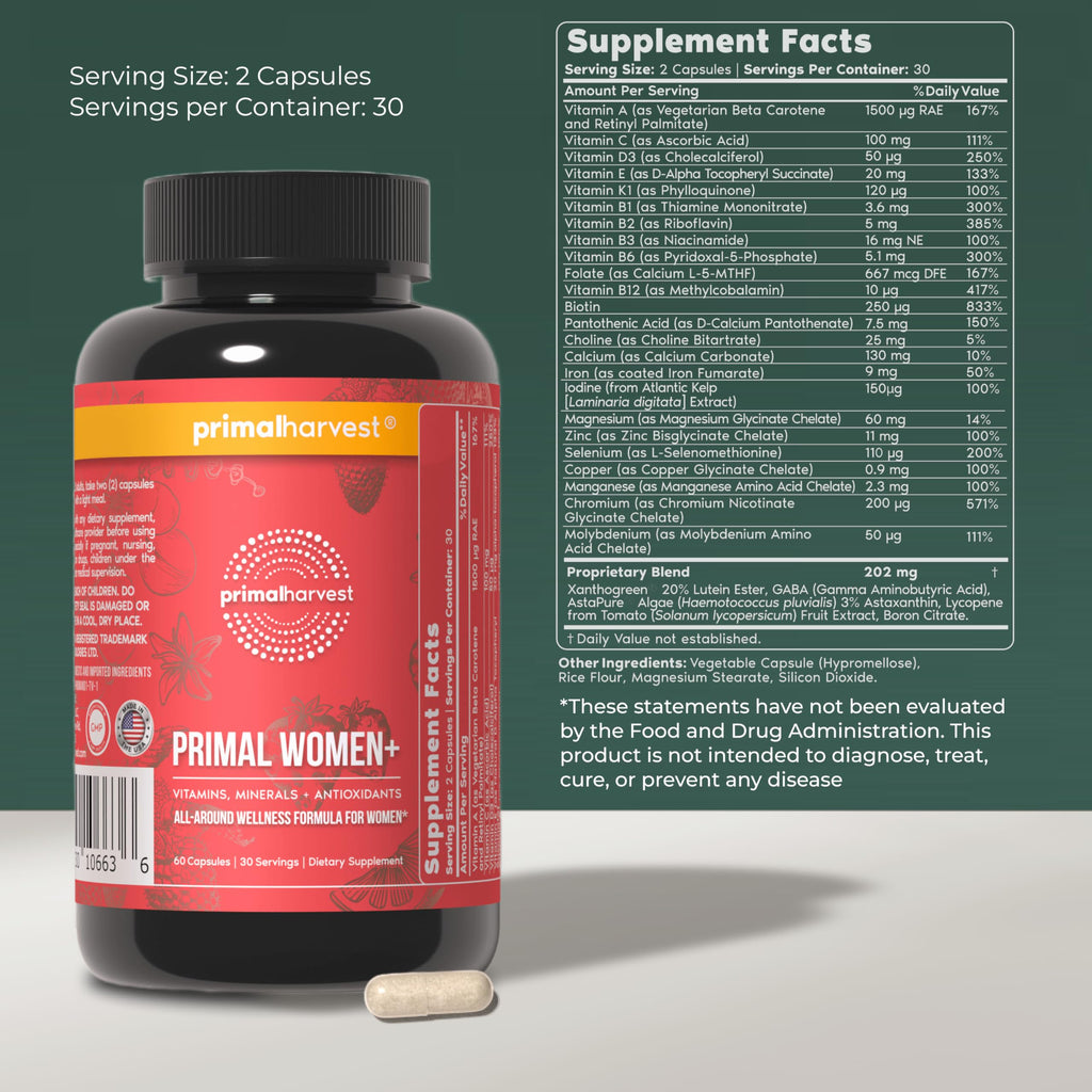 Primal Harvest Women+, Woman's Multivitamin Vitamin A, Vitamin C, Vitamin D and E, Vitamin B12, B6, Biotin