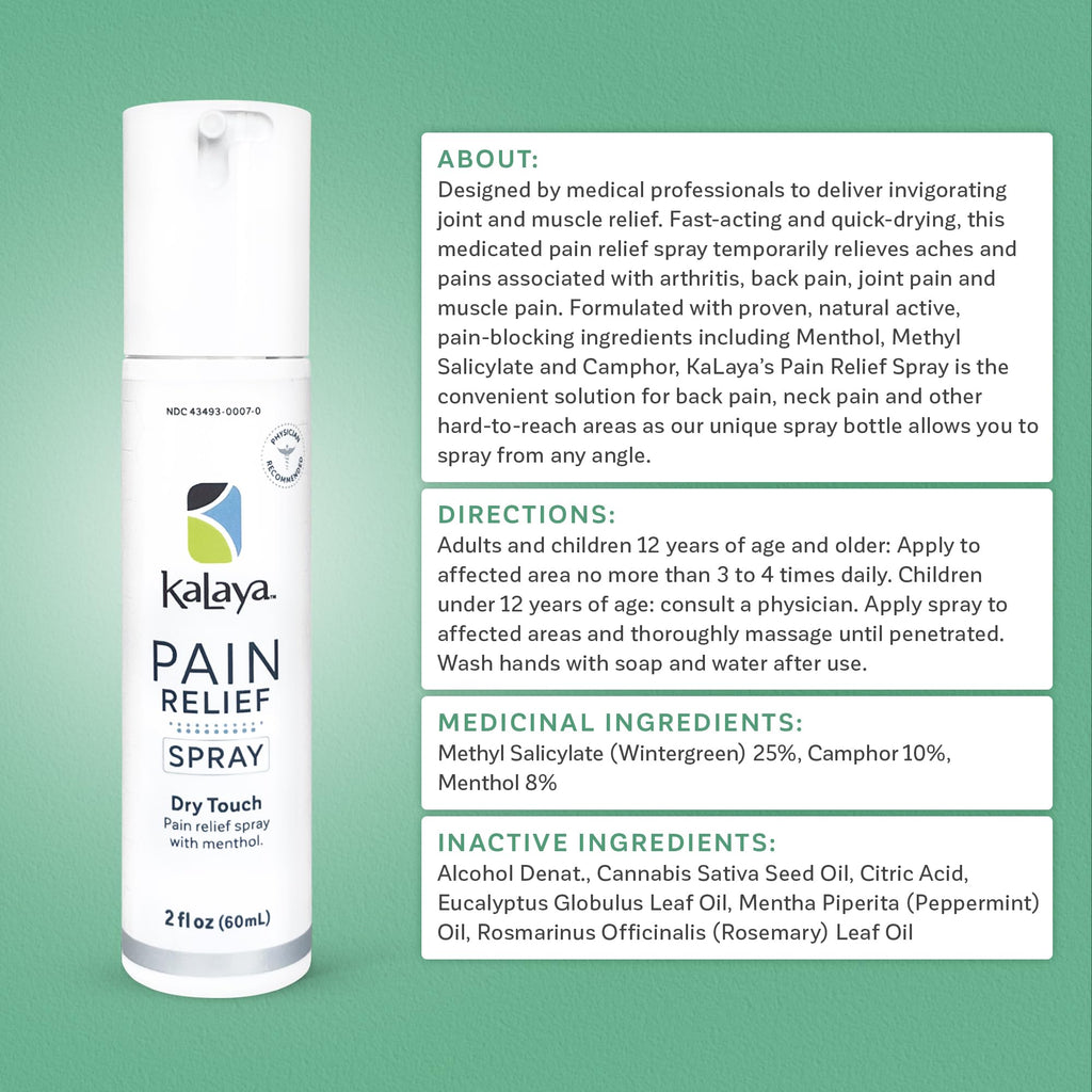 Kalaya Pain Relief Spray - Fast-Acting, Quick-Drying Muscle Rub for Joint Pain Relief and Muscle Pain - with Eucalyptus, Menthol, Methyl Salicylate, Camphor - Ideal for Easing Back Pain - 2 oz Kalaya NaturalsBuy Supplements Australia