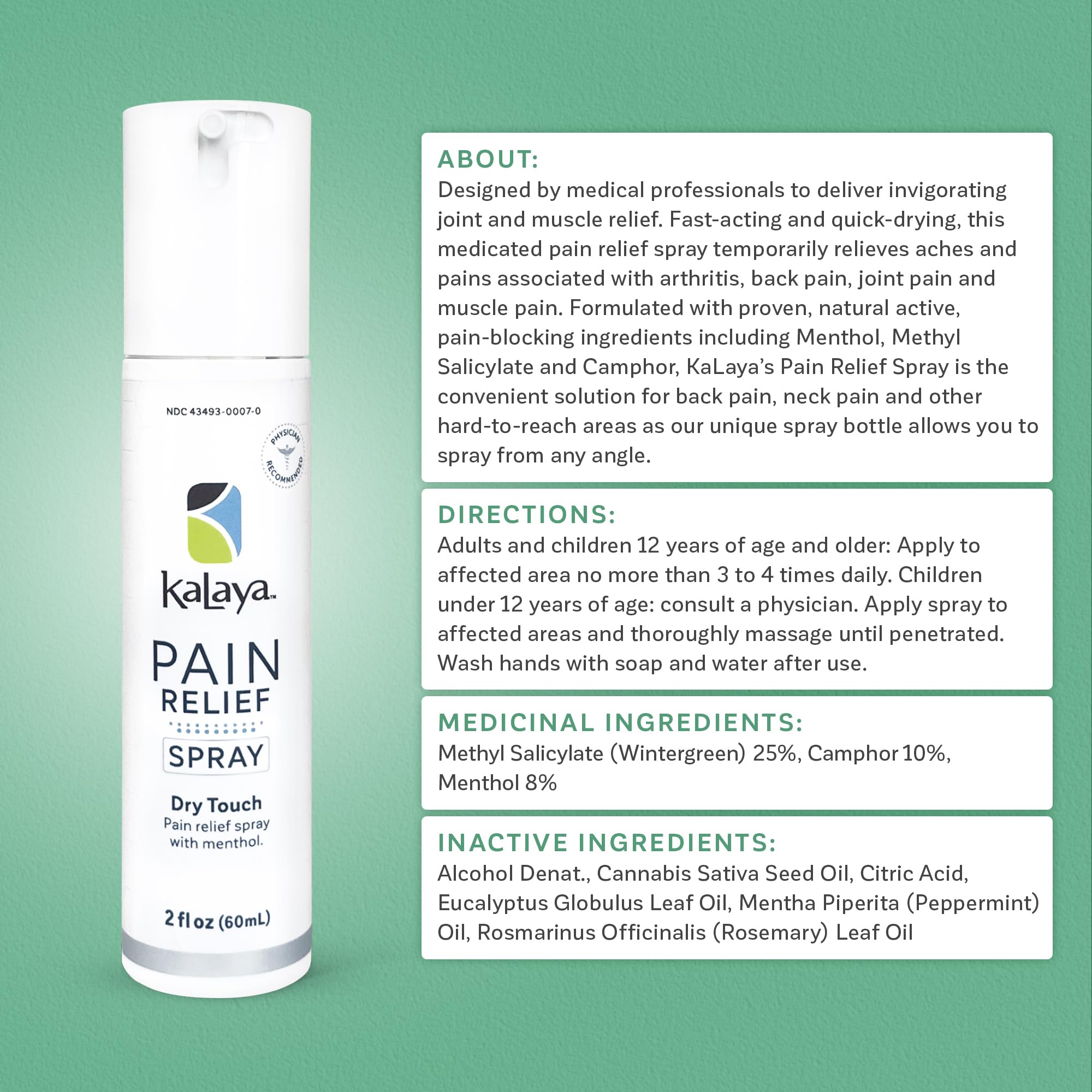 Kalaya Pain Relief Spray - Fast-Acting, Quick-Drying Muscle Rub for Joint Pain Relief and Muscle Pain - with Eucalyptus, Menthol, Methyl Salicylate, Camphor - Ideal for Easing Back Pain - 2 oz Kalaya NaturalsBuy Supplements Australia