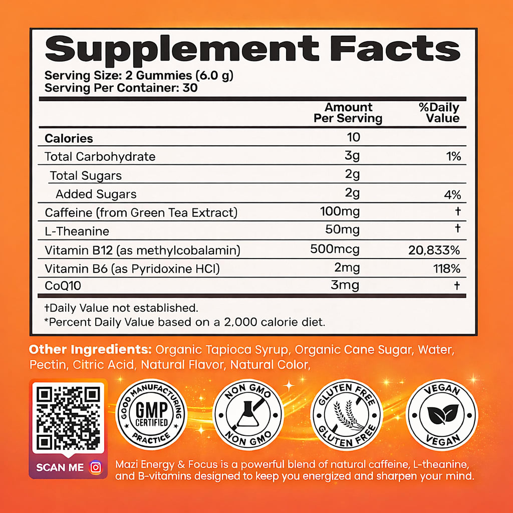 Energy & Focus Gummies | 100mg Natural Caffeine + L-Theanine + Vitamin B6 & B12 + CoQ10 | Nootropic Cognitive Brain Performance Supplement | No Crash or Jitters MAZIBuy Supplements Australia