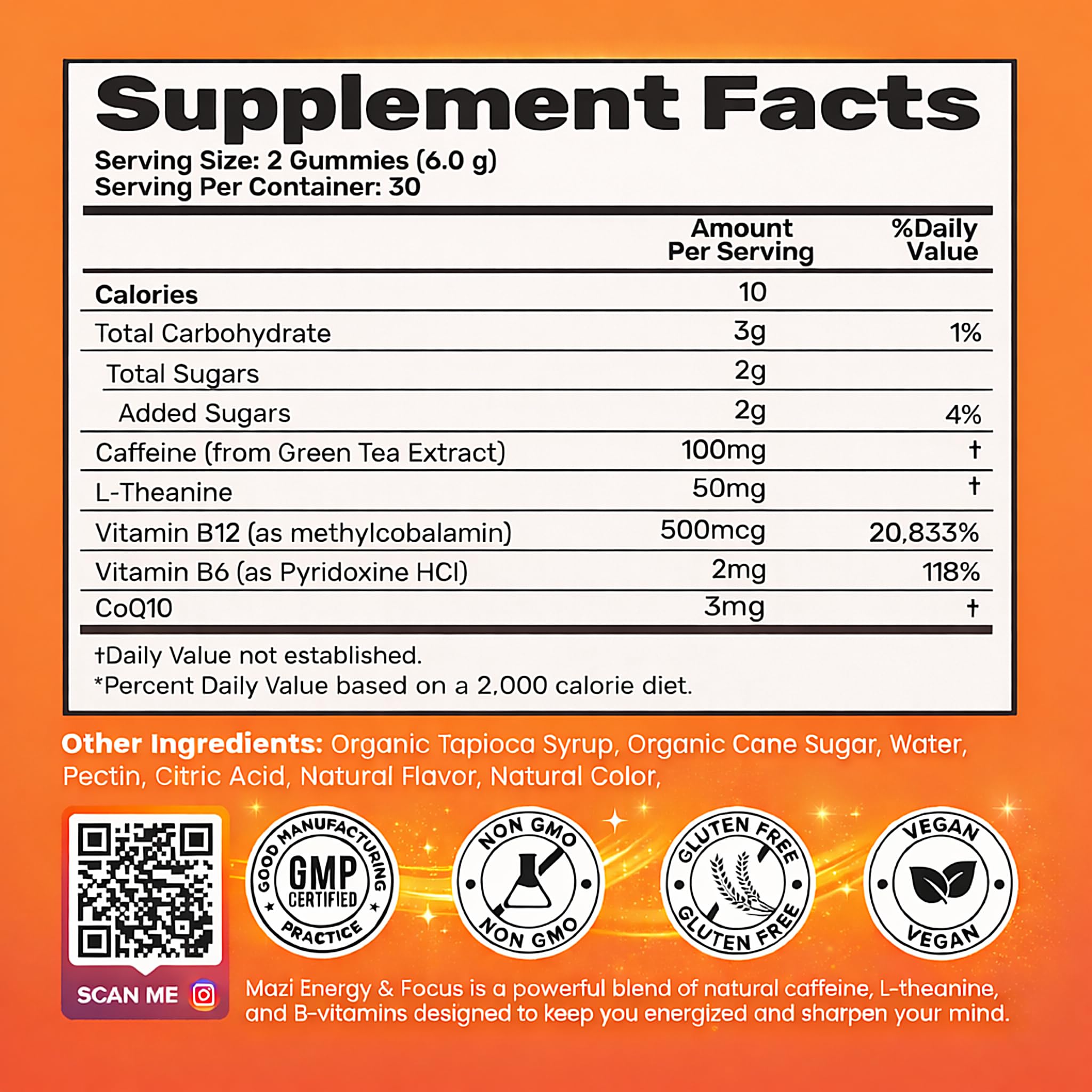 Energy & Focus Gummies | 100mg Natural Caffeine + L-Theanine + Vitamin B6 & B12 + CoQ10 | Nootropic Cognitive Brain Performance Supplement | No Crash or Jitters MAZIBuy Supplements Australia