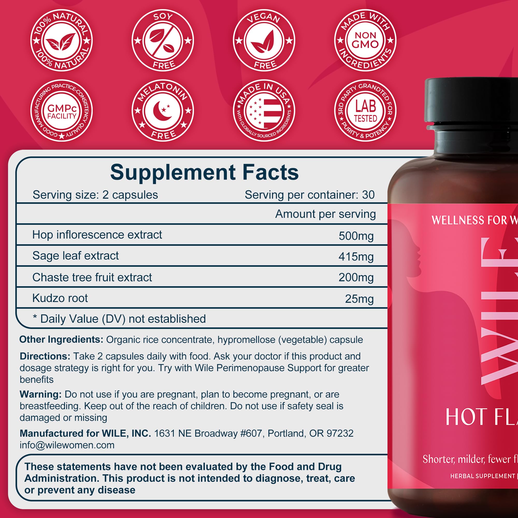 WILE Menopause and Perimenopause Supplements for Women - Hot Flashes and Night Sweats Relief with Kudzu Root - Premenopause Support for Stress, Hot Flash, Hormone Balance & Restful Sleep, 30 Servings WILEBuy Supplements Australia