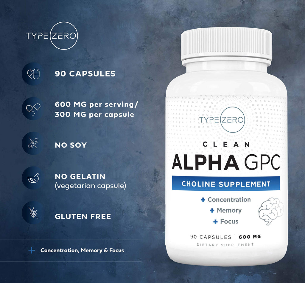 Type Zero Ultra Clean Alpha GPC Choline Supplement (600mg | 90 Capsules) Soy Free, Non-GMO Nootropics Alpha GPC 600mg / 300mg; Alpha-GPC Brain Memory and Focus Supplements Type ZeroBuy Supplements Australia