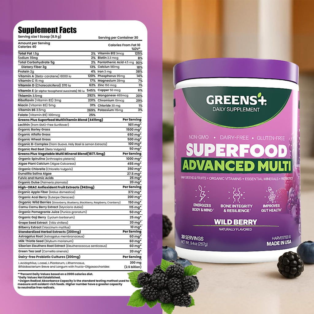 Greens+ Advanced Multi Wild Berry Superfood Powder, Organic Blend, Vegan, Non-GMO, Soy-Free, Dairy-Free, Gluten-Free, Dietary Supplement with Vitamins & Minerals, 9.4 oz Greens+Buy Supplements Australia