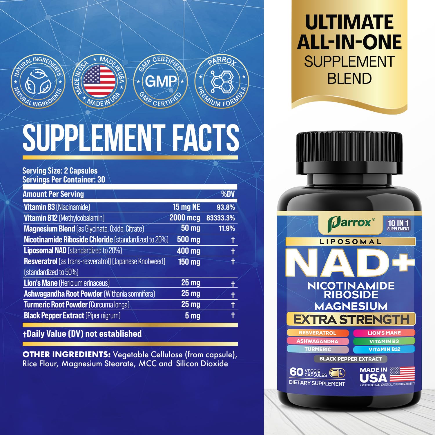 Parrox NAD+ Supplement with Liposomal NAD+, Nicotinamide Riboside, Magnesium, Vitamin B3 & B12, Resveratrol, Turmeric, Ashwagandha, Lion’s Mane,10-in-1 Extra Strength ParroxBuy Supplements Australia