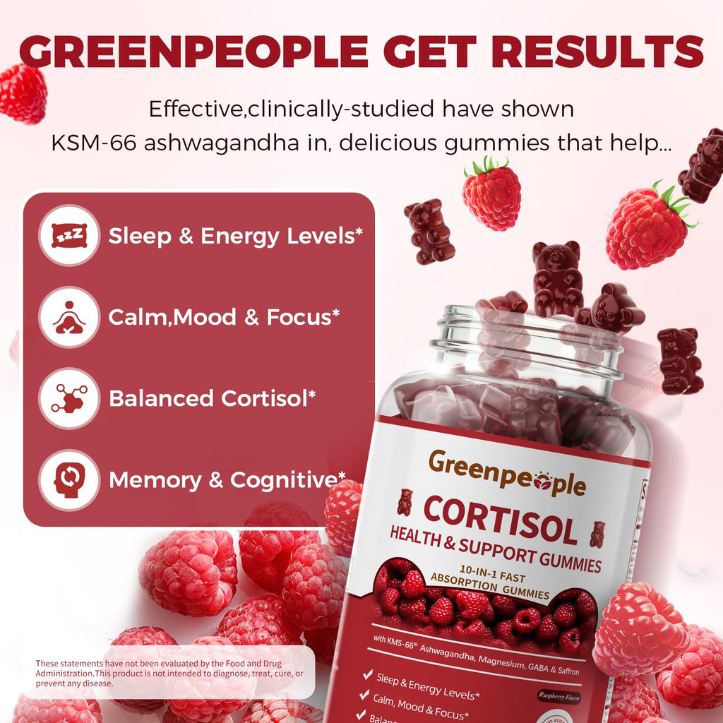 GREENPEOPLE Cortisol Supplements for Women & Men - Cortisol Reducer Detox Manager w/KSM-66 Ashwagandha/Magnesium/L-theanine/GABA/Vitamin B6 for Mood/Sleep/Stress Relief 60 CT Raspberry Flavor Gummies GREENPEOPLEBuy Supplements Australia