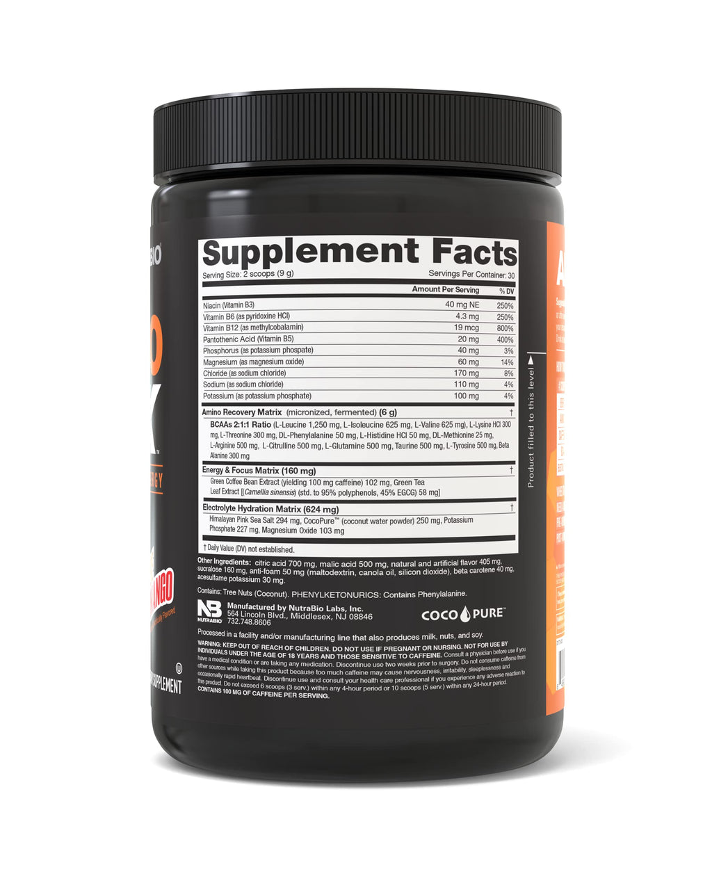 NutraBio Amino Kick - BCAA's, Electrolytes for Hydration, Natural Caffeine- 30 Servings- (Orange Mango)