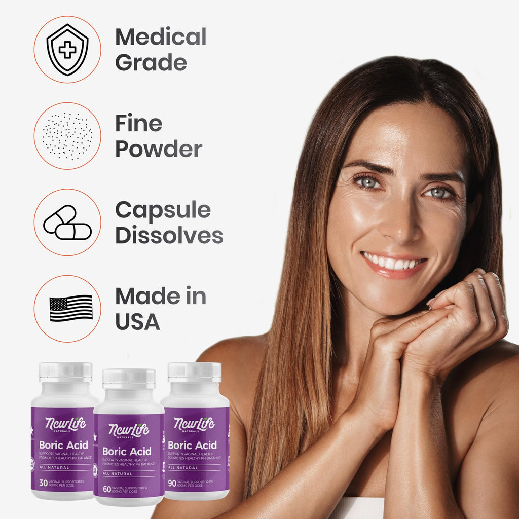 NewLife Naturals - Medical Grade Boric Acid Vaginal Suppositories - 600mg - 100% Pure Womens pH Balance Pills - Yeast Infection, BV - 90 Capsules: Made in USA NewLife NaturalsBuy Supplements Australia