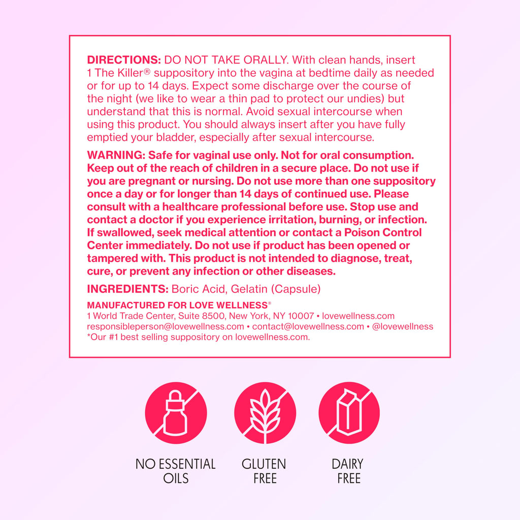Love Wellness The Killer | Boric Acid Vaginal Suppositories | Balances pH & Supports Odor Control, a Healthy Vaginal Balance and Environment | Fast-Acting & Fragrance-Free | Gentle & Effective | 14 Ct Love WellnessBuy Supplements Australia