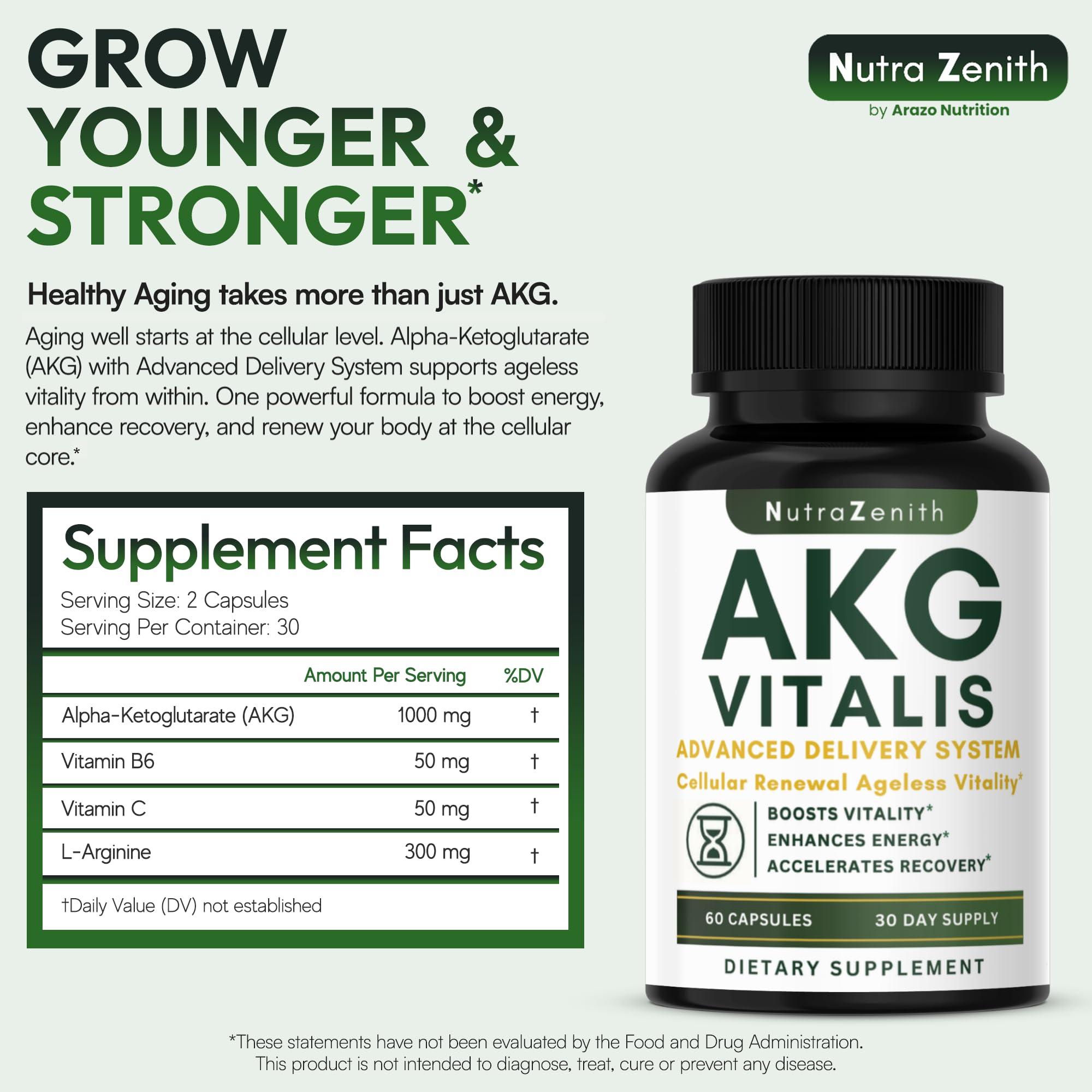 AKG Anti-Aging & Energy Boost Supplement with Vitamin B6, Vitamin C & L-Arginine – 60 Capsules for Youthful Skin, Cellular Renewal & Vitality Support Arazo NutritionBuy Supplements Australia