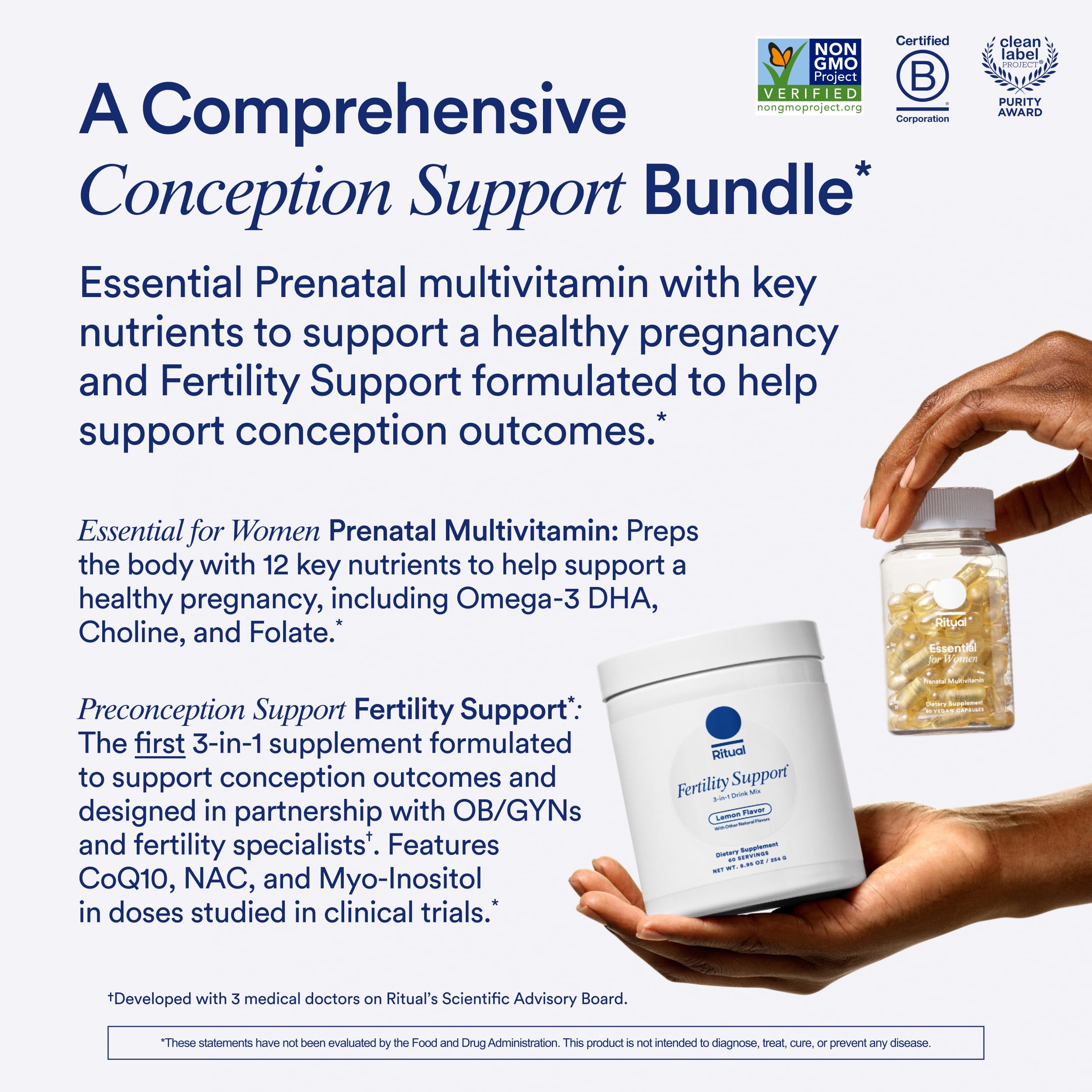 Ritual Preconception Bundle: Essential for Women Prenatal Multivitamin and Lemony Fertility Support Drink Mix Supplement with NAC, CoQ10, and Myo-Inositol. Vegan and Formulated to Support Her.* RitualBuy Supplements Australia
