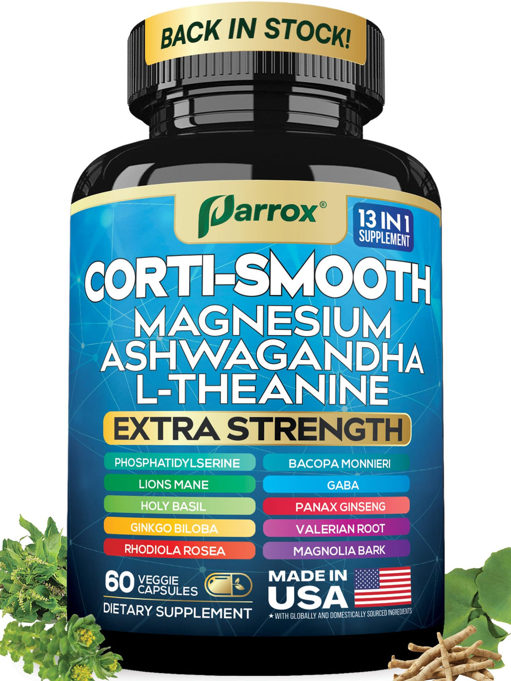 Parrox Corti-Smooth Cortisol Supplement Magnesium, L-Theanine, Ashwagandha, Phosphatidylserine, Valerian Root, Lions Mane, Bacopa Monnieri, Ginkgo Biloba, Panax Ginseng, Magnolia Bark, GABA (60 Caps) ParroxBuy Supplements Australia