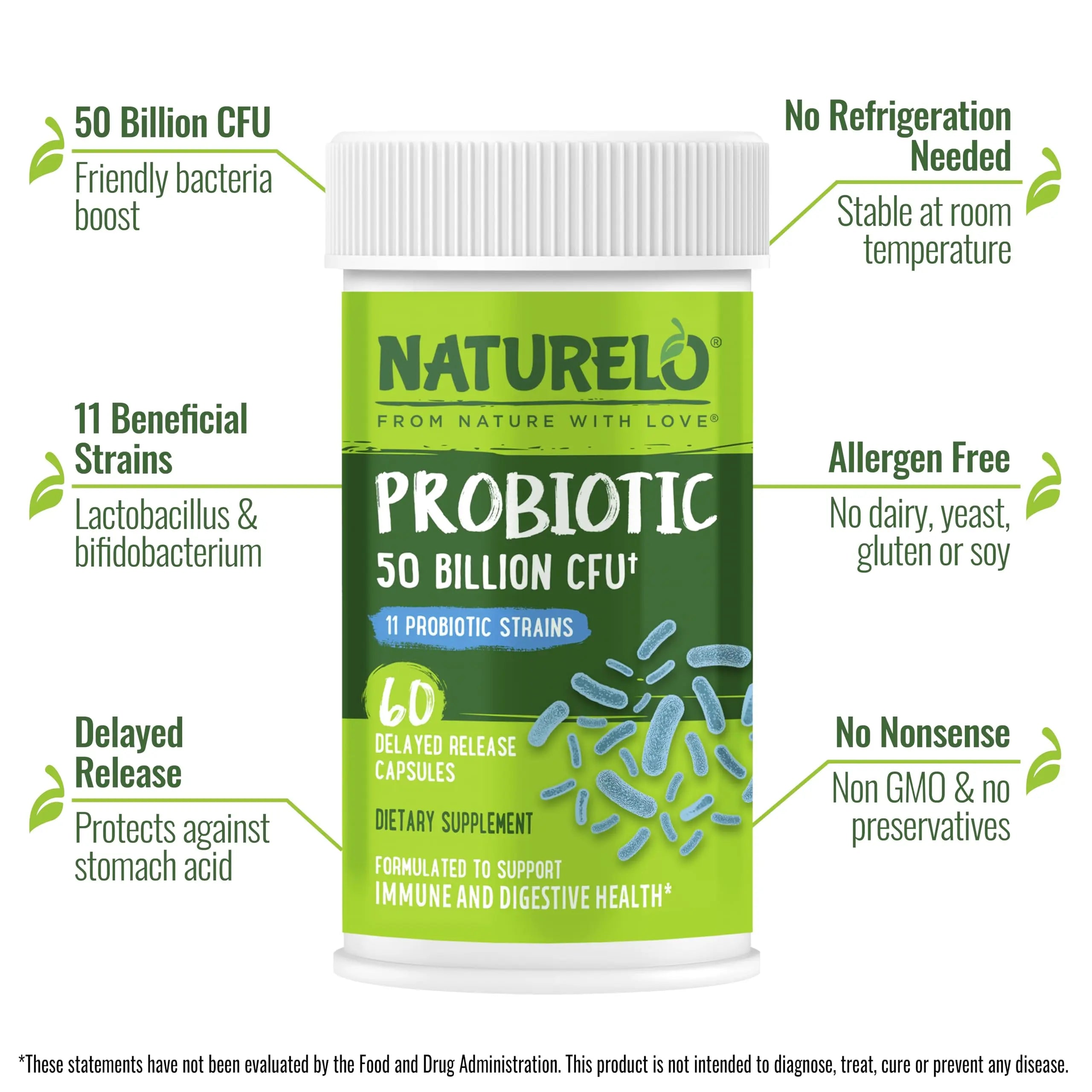 NATURELO Probiotics for Digestive Health, 50 Billion CFU, 60 Vegetarian Capsules, 11 Strains, Daily Use Supplement, Delayed Release, No-Fridge, Boosts Immune System, Probiotics for Women & Men NATURELOBuy Supplements Australia