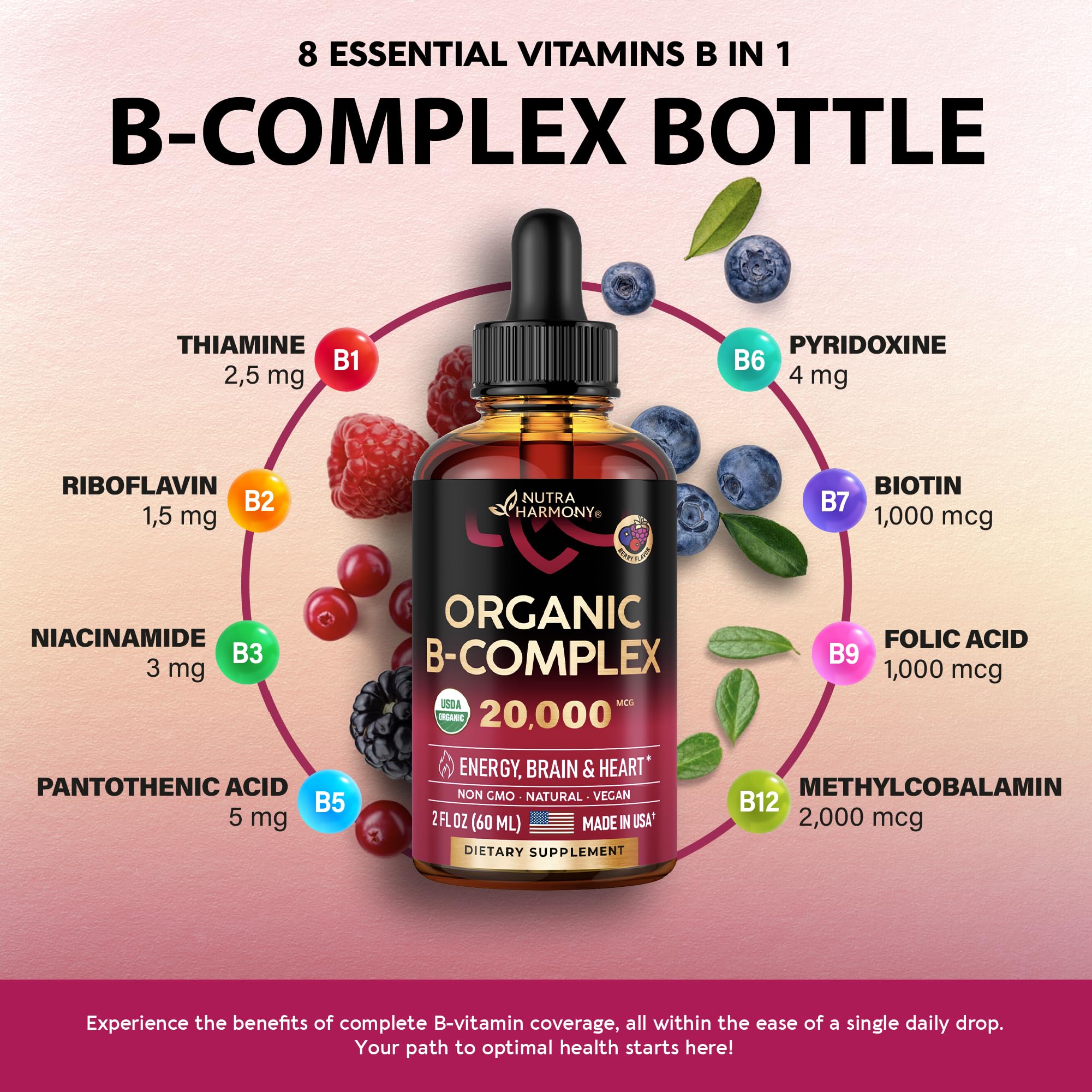USDA Organic Vitamin B Complex Liquid Drops - 8-in-1 B Complex Vitamins: B1, B2, B3, B5 NUTRAHARMONYBuy Supplements Australia