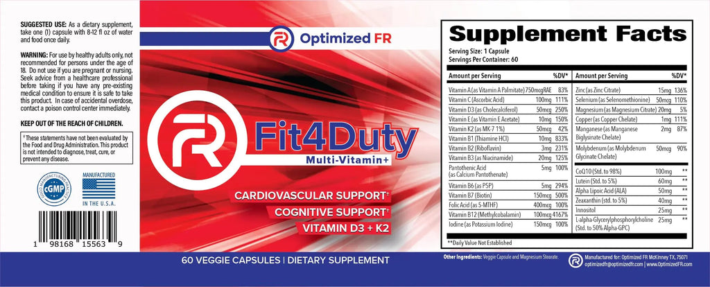 Fit4Duty Multivitamin+ for First Responders, One a Day Multivitamin Plus Other nutrients, 60 Servings, 2 Month Supply Optimized FRBuy Supplements Australia