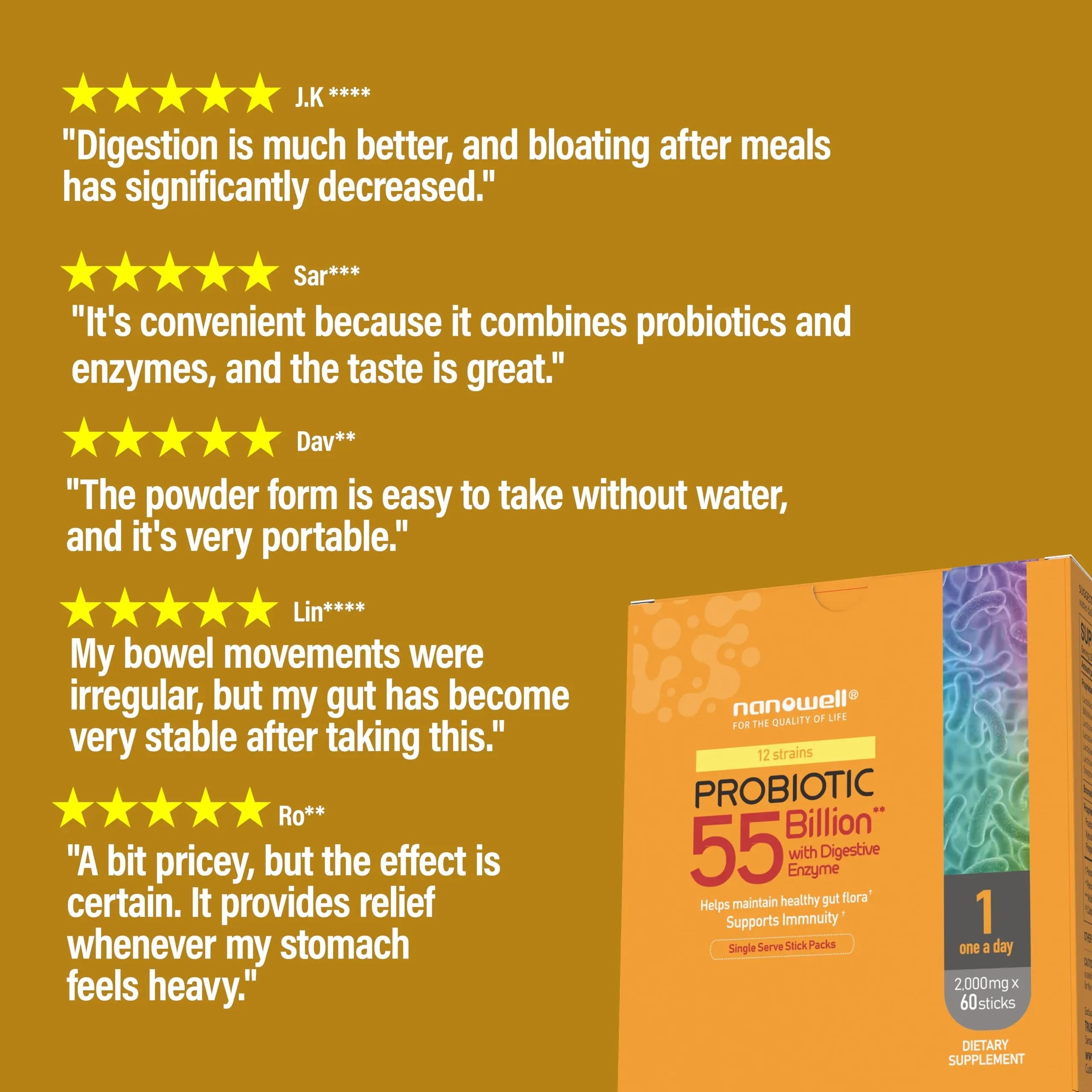 NANOWELL 12 Strains Probiotic 55 Billion CFU with Digestive Enzymes Powder - Immune Support, Gut Health, Probiotics, Prebiotics & Postbiotics - 60 Sticks, 60 Day Supply NANOWELLBuy Supplements Australia