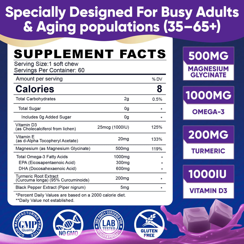 Magnesium Glycinate Gummies 500mg - Magnesium with Omega-3, Turmeric, Vitamin D3 & E | Magnesium Glycinate Soft Chews for Adults