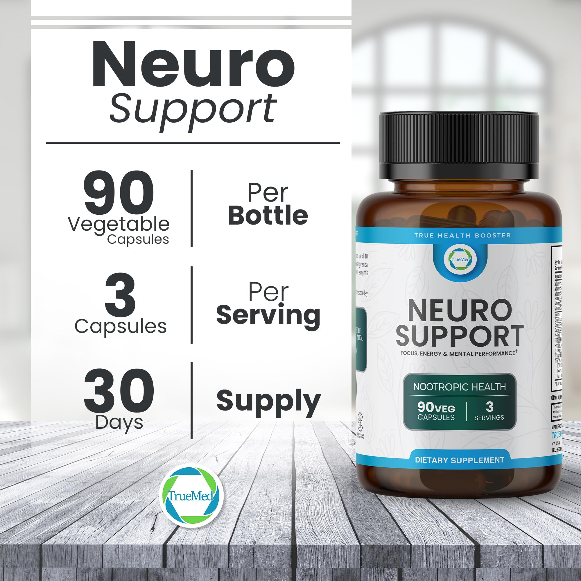 TrueMed Neuro Support - Premium Nootropic Supplement for Focus, Energy, Mental Clarity, and Performance Organic Lion’s Mane, Bacopa Monnieri, Rhodiola, Non-GMO Gluten-Free CDP Choline 90 Veg Capsules TRUEMEDBuy Supplements Australia