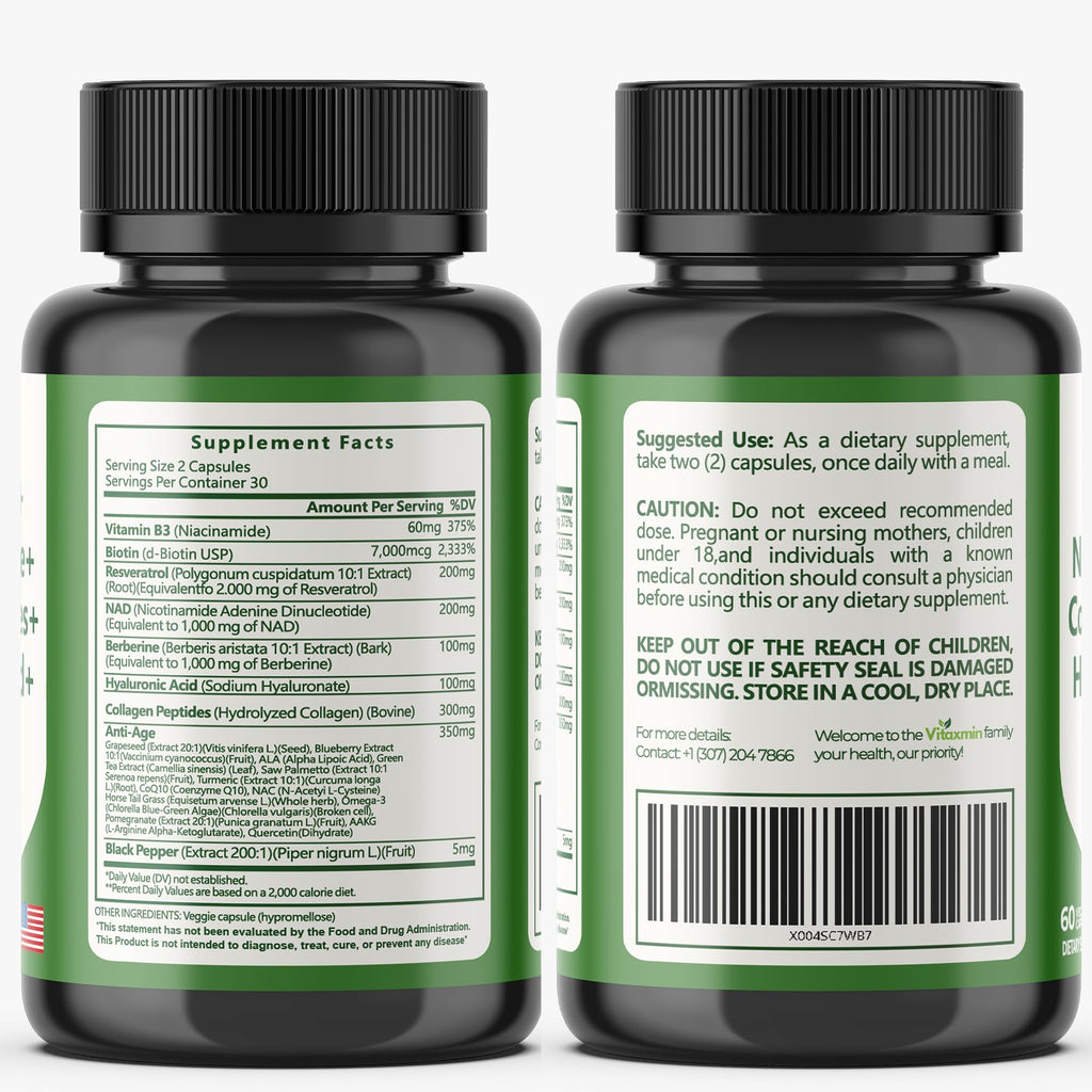 vitaxmin NAD Resveratrol Supplement 200mg with Berberine NAC Collagen - Nicotinamide Riboside NMN NADH CoQ10 Biotin Hyaluronic Acid - Hair Skin Nails Supplement - 60 Capsules vitaxminBuy Supplements Australia