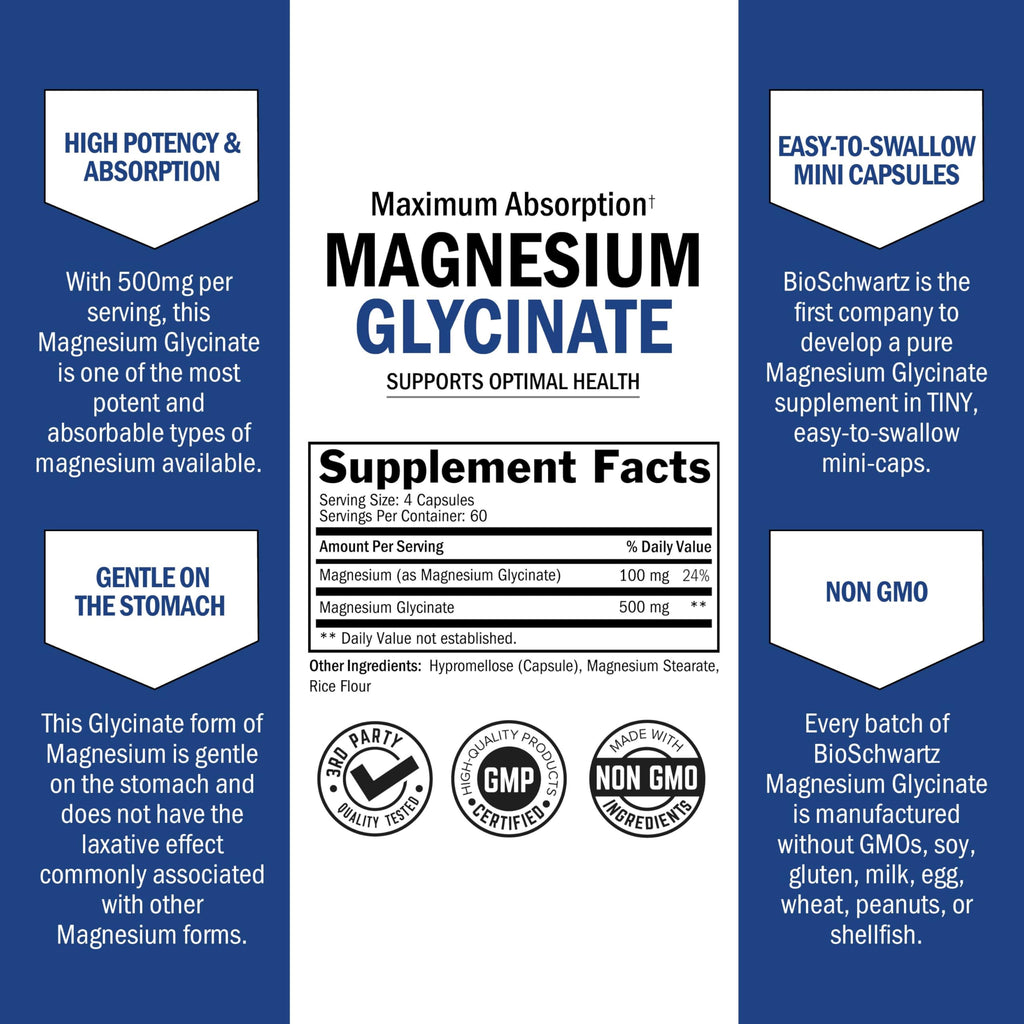 BioSchwartz Magnesium Glycinate 500mg Capsules (240 Mini Caps) Maximum Absorption Magnesium Supplement for Healthy Nerves Muscles Heart Mood and Sleep Support (Vegan, Gluten-Free, Non-GMO) BioSchwartzBuy Supplements Australia