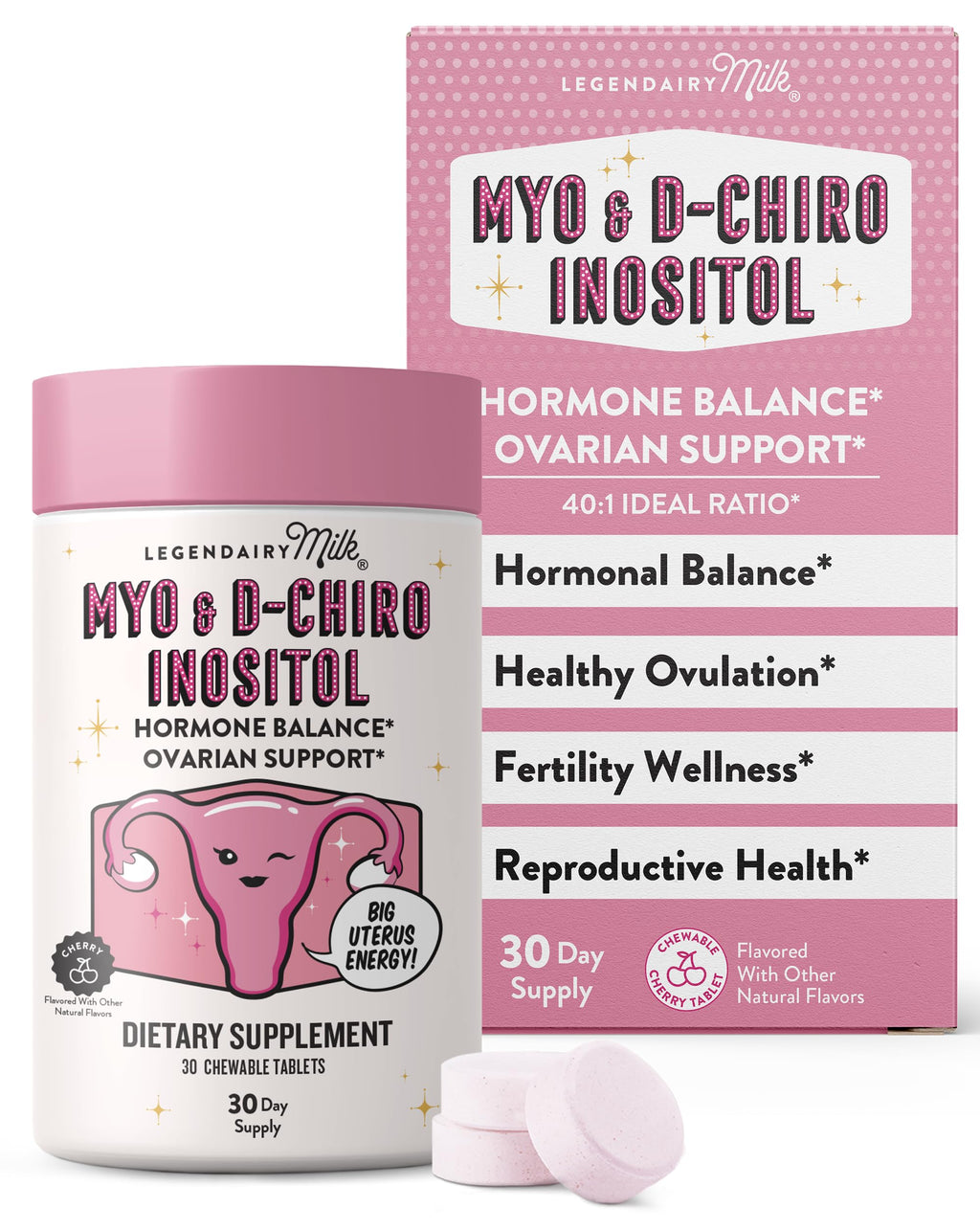 Legendairy Milk Myo-Inositol & D-Chiro Inositol Supplement for Women, 40:1 Ratio, PCOS & Fertility Support, Hormone Balance, Sugar Free Vegan Chewable Tablets, Cherry Flavor, 30 Day Supply Legendairy MilkBuy Supplements Australia