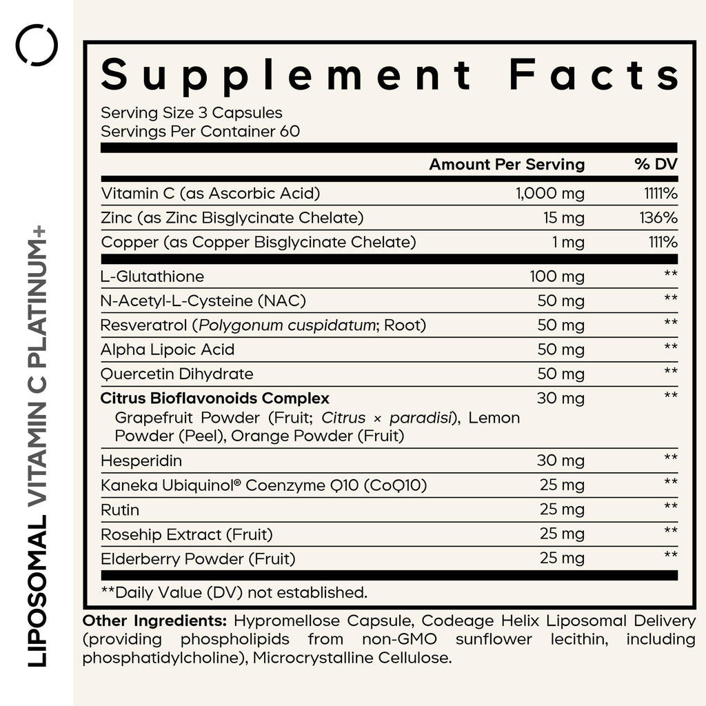 Codeage Liposomal Vitamin C+ Platinum - 1000 Mg Vitamin C Vitamins, Glutathione, NAC (N Acetyl Cysteine), Resveratrol, CoQ10, Rutin, Elderberry, Quercetin, Rosehip, Citrus Bioflavonoids - 180 Capsules CodeageBuy Supplements Australia