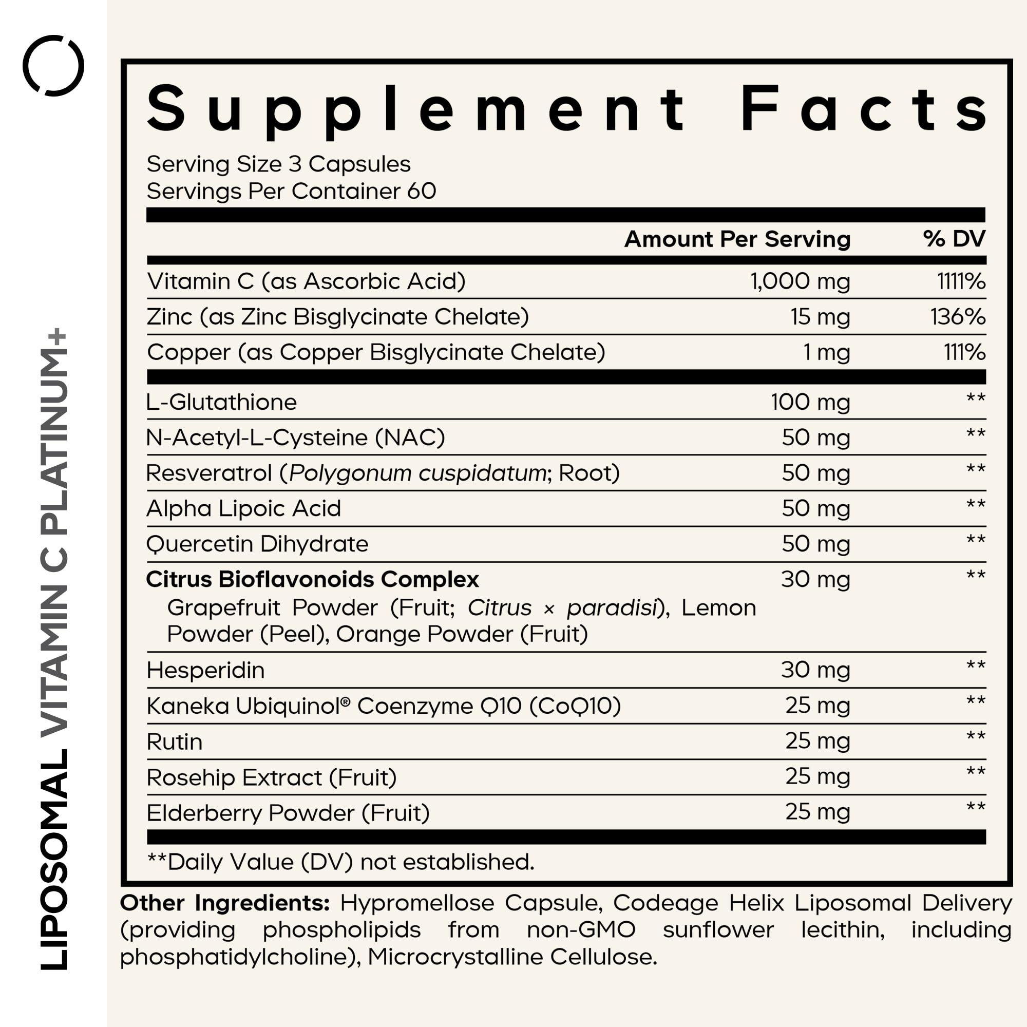 Codeage Liposomal Vitamin C+ Platinum - 1000 Mg Vitamin C Vitamins, Glutathione, NAC (N Acetyl Cysteine), Resveratrol, CoQ10, Rutin, Elderberry, Quercetin, Rosehip, Citrus Bioflavonoids - 180 Capsules CodeageBuy Supplements Australia