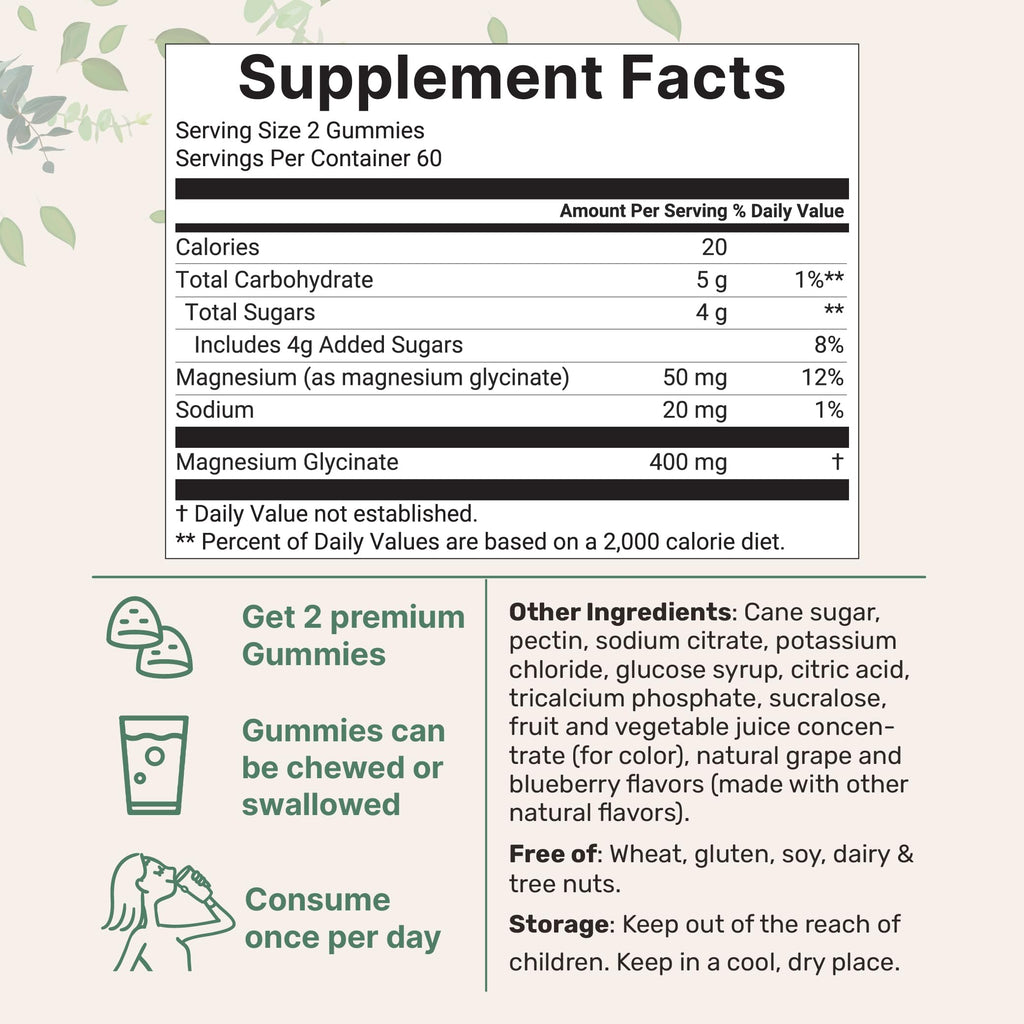Magnesium Glycinate Gummies 400mg Per Serving, 120 Count | Natural Grape Blueberry Flavor | Potent Elemental Form + Chelated for High Absorption | Healthy Muscle, Bones, & Mood Support Supplement Micro IngredientsBuy Supplements Australia