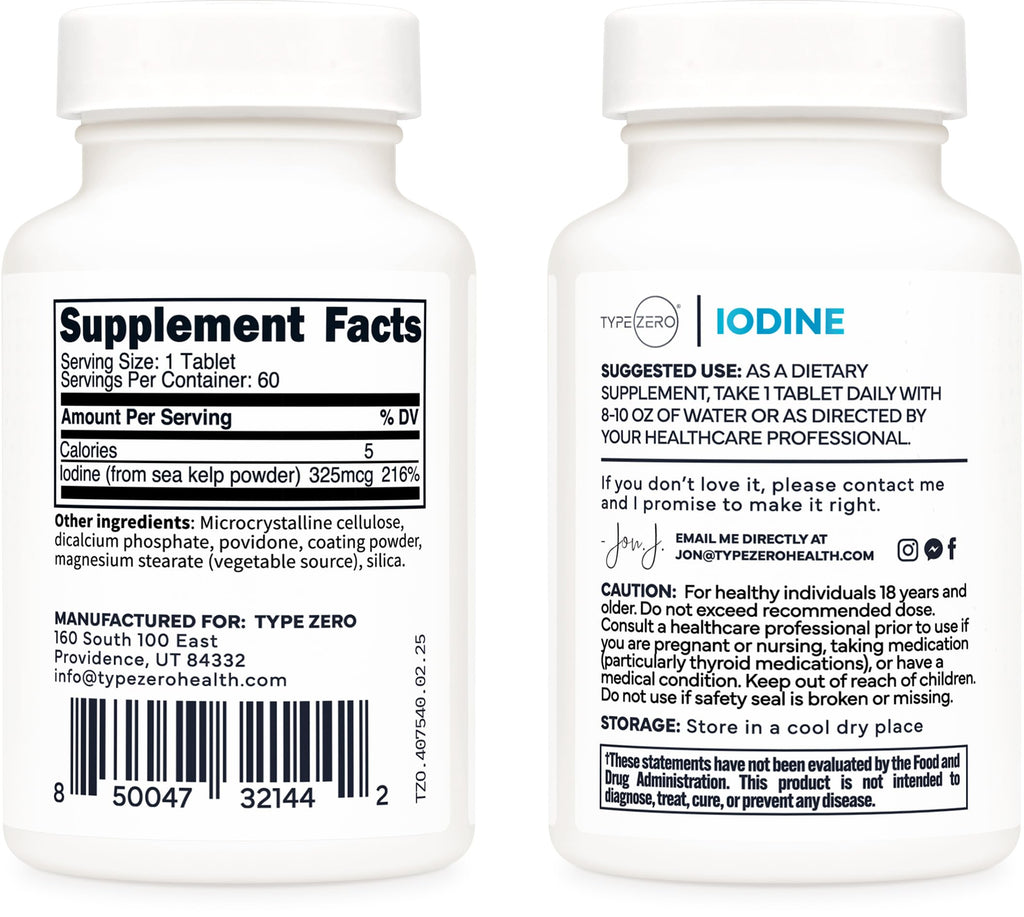 Type Zero Clean Iodine Tablets (60 Servings, 325 MCG Per Serving) - from Sea Kelp, Non-GMO, Gluten Free Type ZeroBuy Supplements Australia