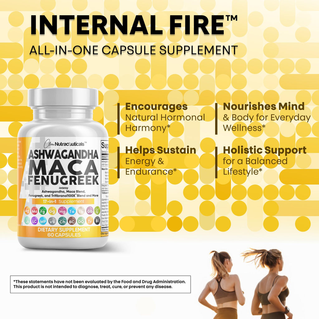 Clean Nutraceuticals Ashwagandha Maca Root Fenugreek Supplement with Tongkat Ali Ginseng - Assists with Stress, Mood & Thyroid - Ashwagandha Capsules Fenugreek Caps - 1 Pack Clean NutraceuticalsBuy Supplements Australia