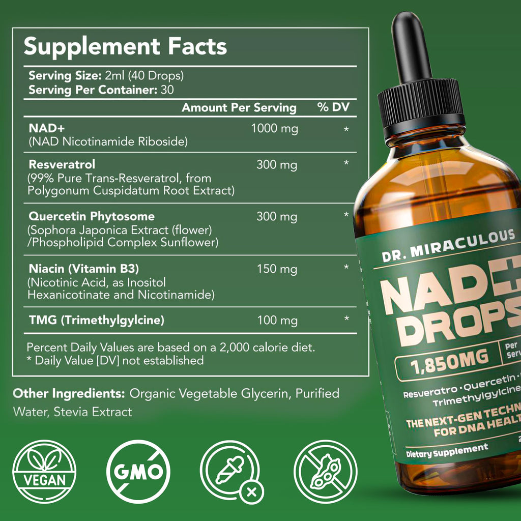 Dr. Miraculous Pure NAD+ Supplements 1850mg Liquid Drops for Women & Man | Nicotinamide Riboside Organic NAD Plus Boosting Supplement - Natural Lemon Flavor Dr. MiraculousBuy Supplements Australia
