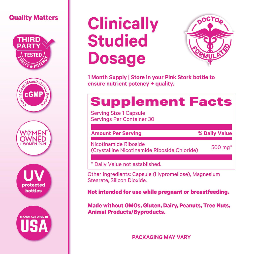 Pink Stork NAD+ Supplement for Women | 500mg Nicotinamide Riboside NR | Clinically-Studied Pure NMN Powder | Brain + Cognitive Support |Energy, Skin Essentials Over 30 | 1 Month Supply Pink StorkBuy Supplements Australia