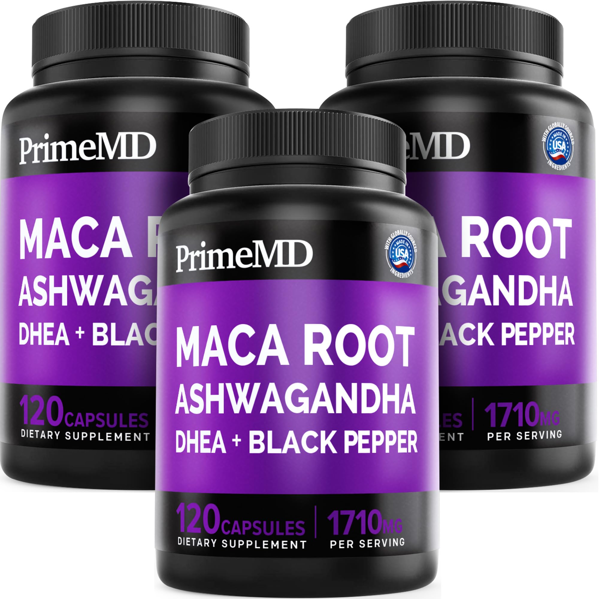 6-in-1 Organic Maca Root Ashwagandha Capsules 1710mg with DHEA and Black Pepper Fruit Extract for Women and Men - Black Maca Supplement for Stamina, Bone and Mood Support Supplement, 120ct (Pack of 3) PrimeMDBuy Supplements Australia