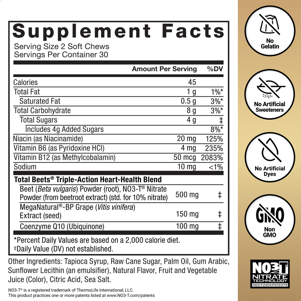 Force Factor Total Beets Ultimate Heart Health Chews for Blood Pressure Support, with Beetroot Powder, CoQ10, B Vitamins & Grapeseed Extract for Blood Flow & Energy