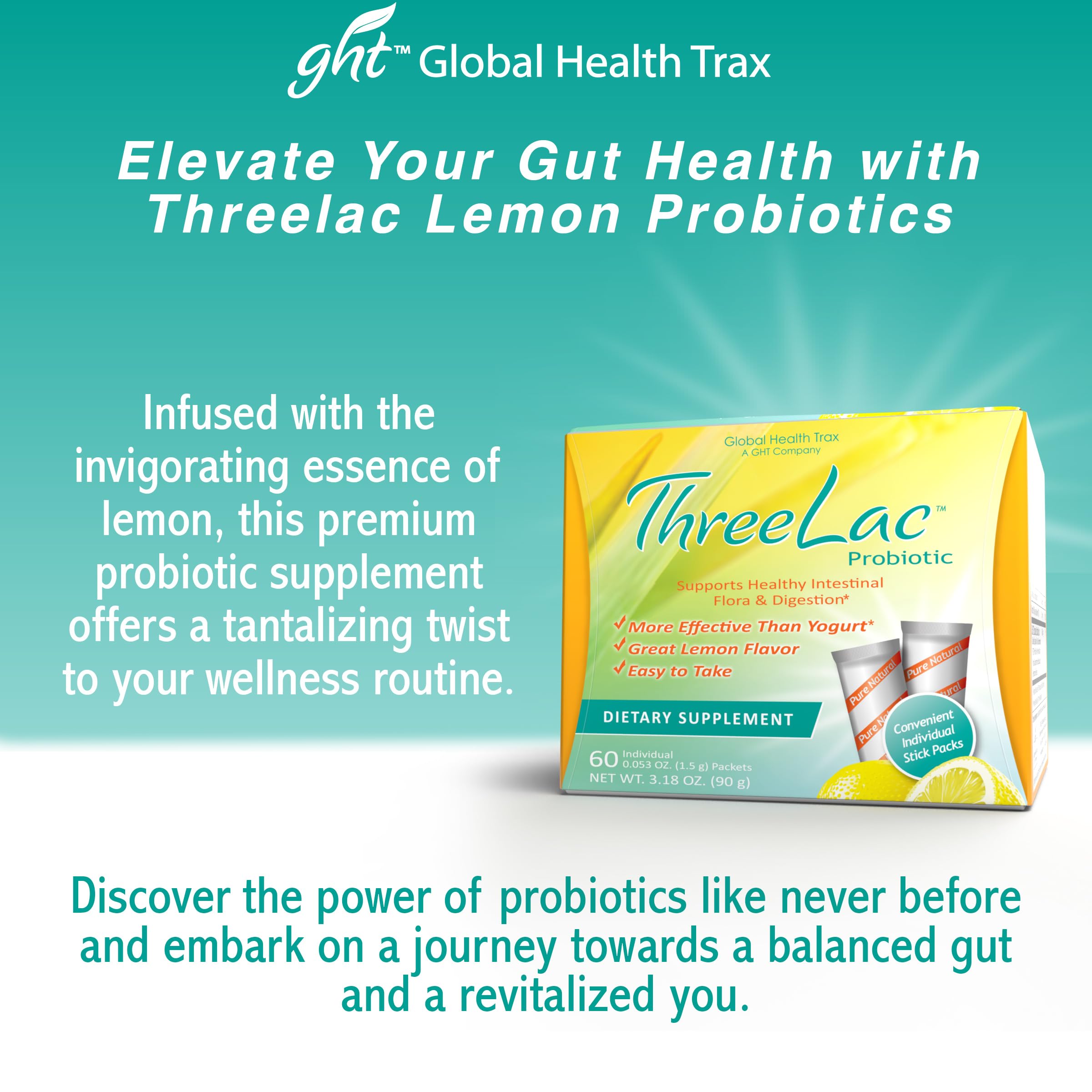 GHT - ThreeLac Lemon Probiotic Drink Mix for Digestive Health - Advanced Probiotic Powder Formula for Men, Women, and Kids - Immune Support & Gut Balance, Non-GMO - 240 Packets ght Global Health TraxBuy Supplements Australia