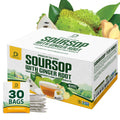 Box of DediDed Soursop with Ginger Root tea bags and a slice of soursop fruit.