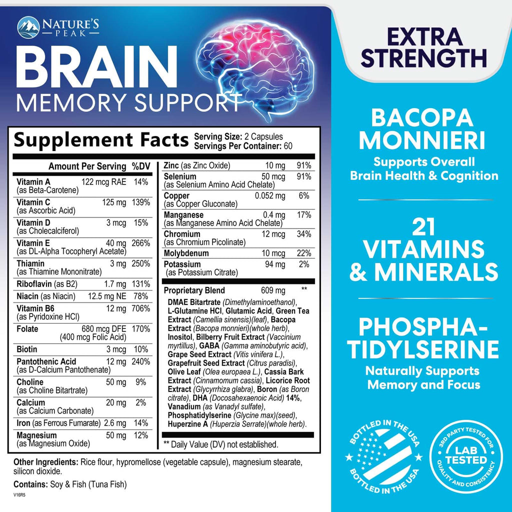 Brain Memory Supplement - 3X Strength Nootropics for Concentration, Clarity & Focus Support - Brain Health Cognitive Vitamins with Bacopa, Phosphatidylserine & DMAE, Brain Booster Pills, 120 Capsules Nature's PeakBuy Supplements Australia