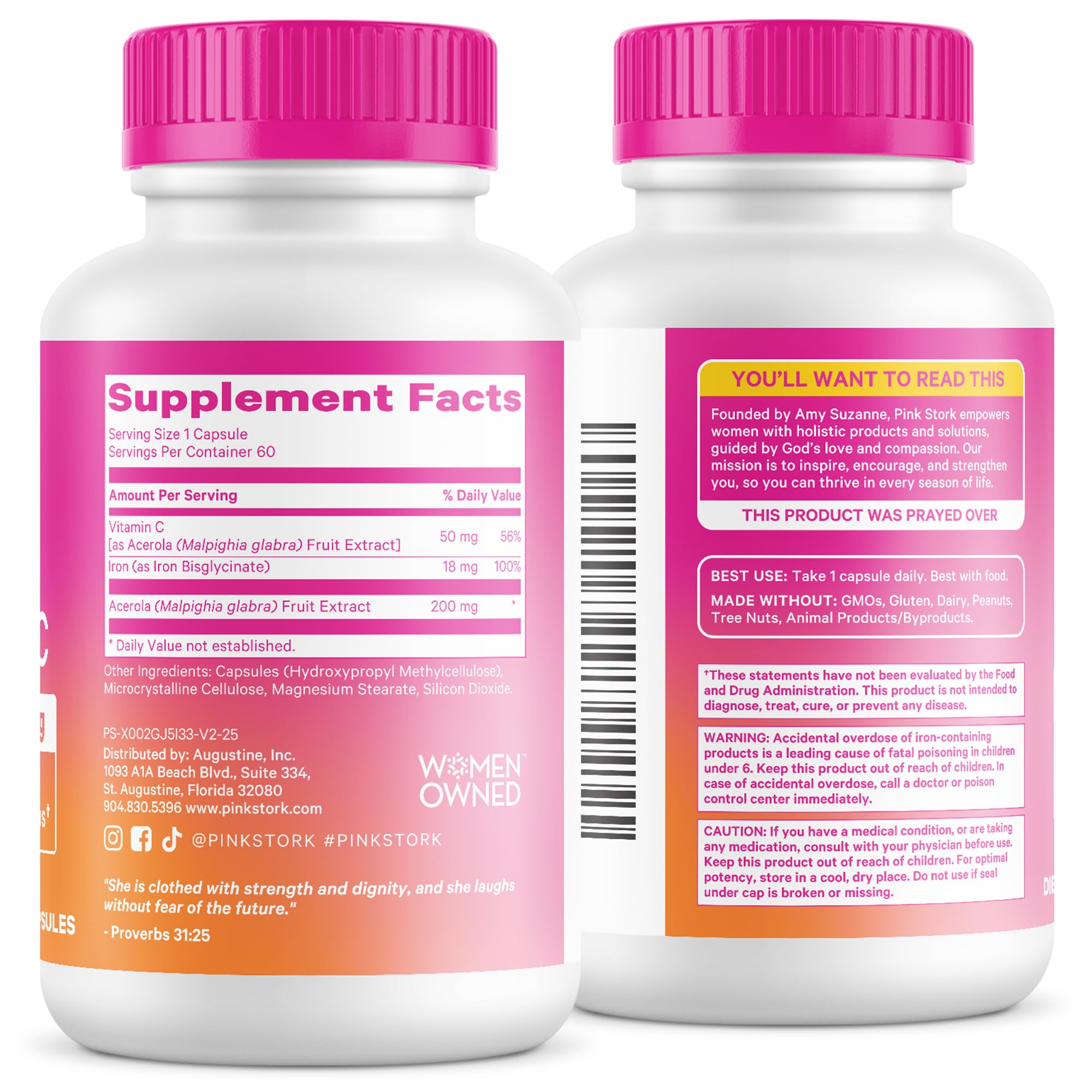Pink Stork Iron for Women – 18 mg Non-Constipating Iron Bisglycinate + Vitamin C for Optimal Absorption – Energy, Focus, & Oxygen Supply – PMS, Pregnancy, Postpartum & Perimenopause - 60 Capsules Pink StorkBuy Supplements Australia