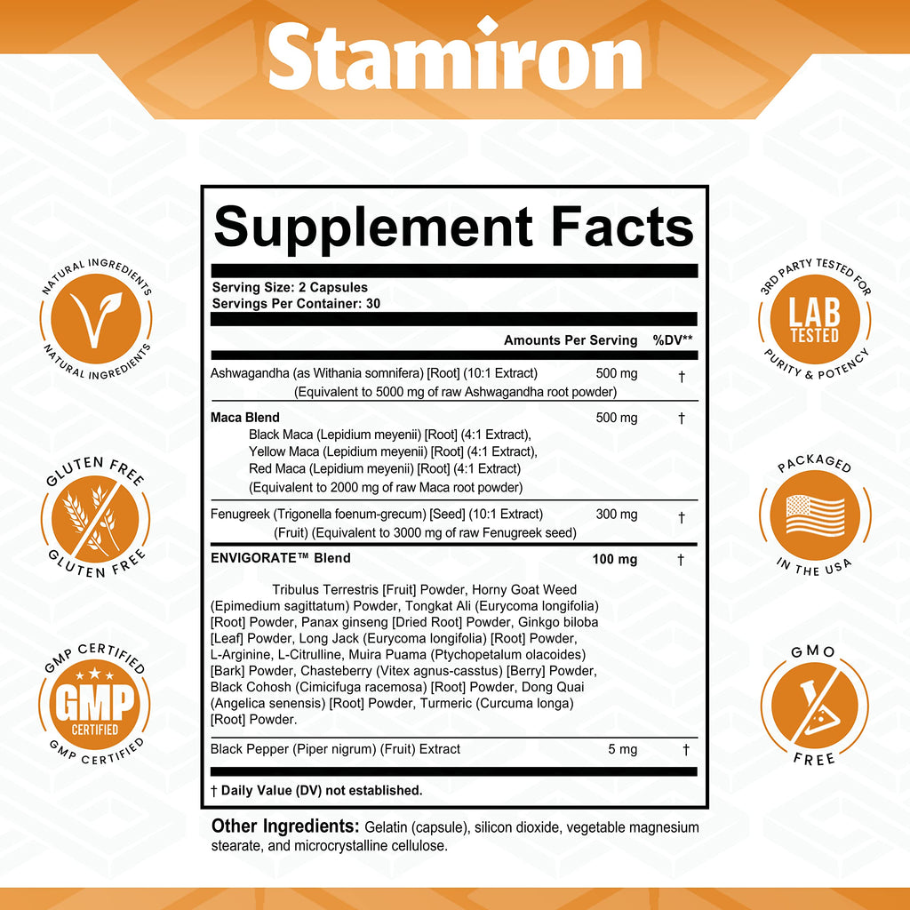 Stamiron Maca Root 2000mg Fenugreek 3000mg Ashwagandha 5000mg Supplement StamironBuy Supplements Australia