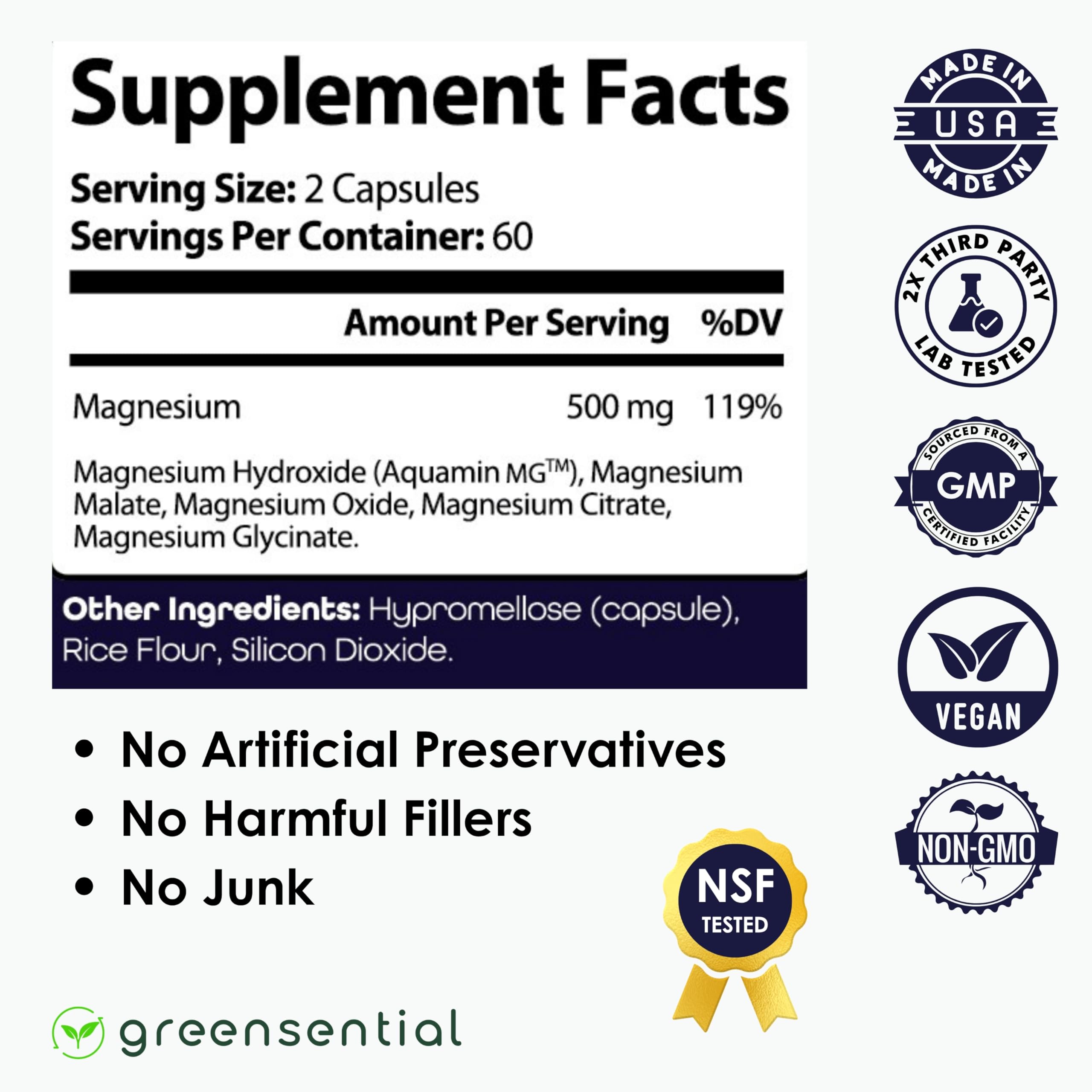 Greensential 5-in-1 Magnesium Complex 500mg | Glycinate, Malate, Citrate, Oxide & Aquamin® | for Sleep, Muscle & Heart Support | High Absorption, Vegan, 120 Capsules Greensential buy supplements Au