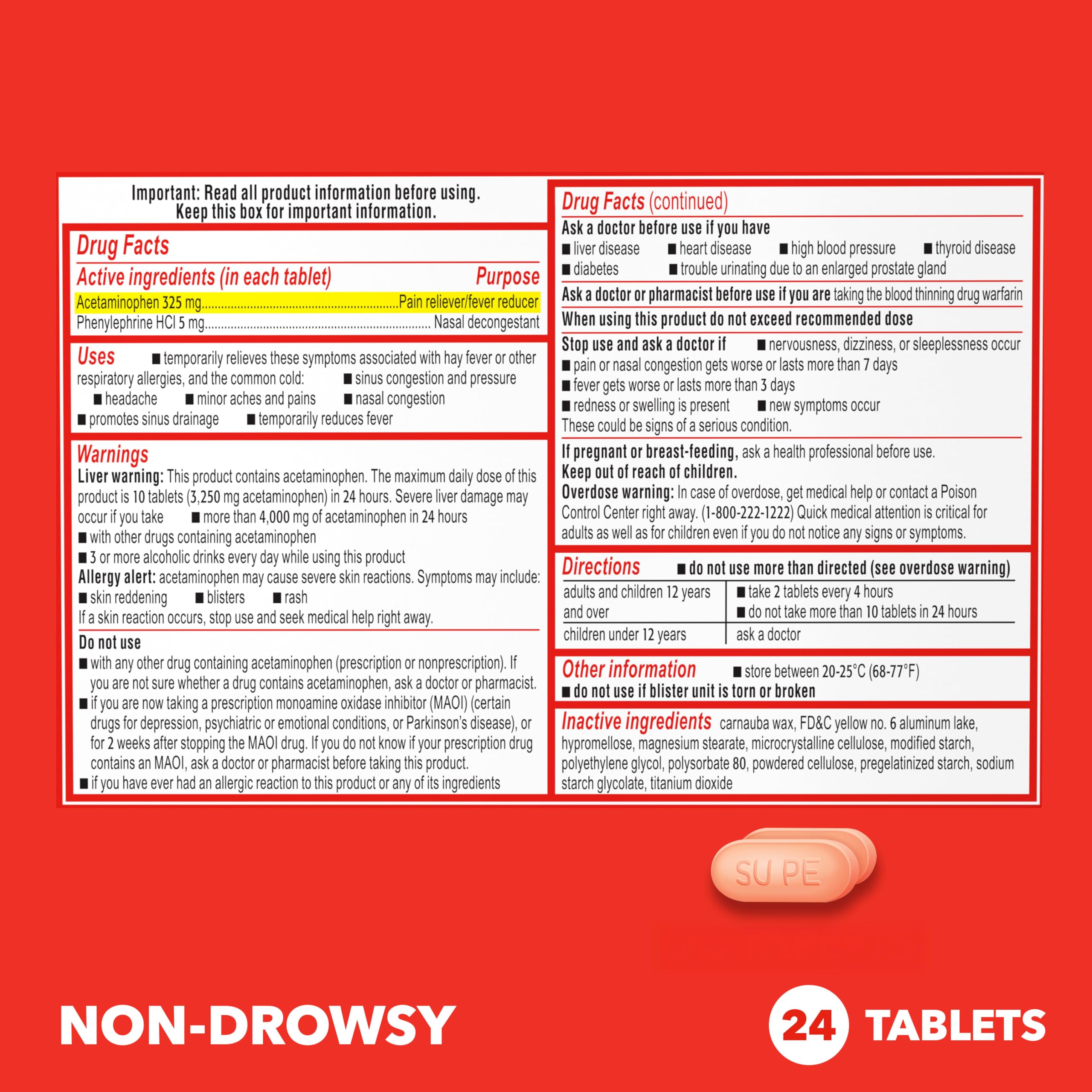 Sudafed PE Sinus Pressure + Pain Relief Tablets, Maximum Strength, Non-Drowsy, OTC Sinus Relief Medicine with Acetaminophen Pain Reliever & Phenylephrine HCl Nasal Decongestant, 24 ct Sudafed buy supplements Au