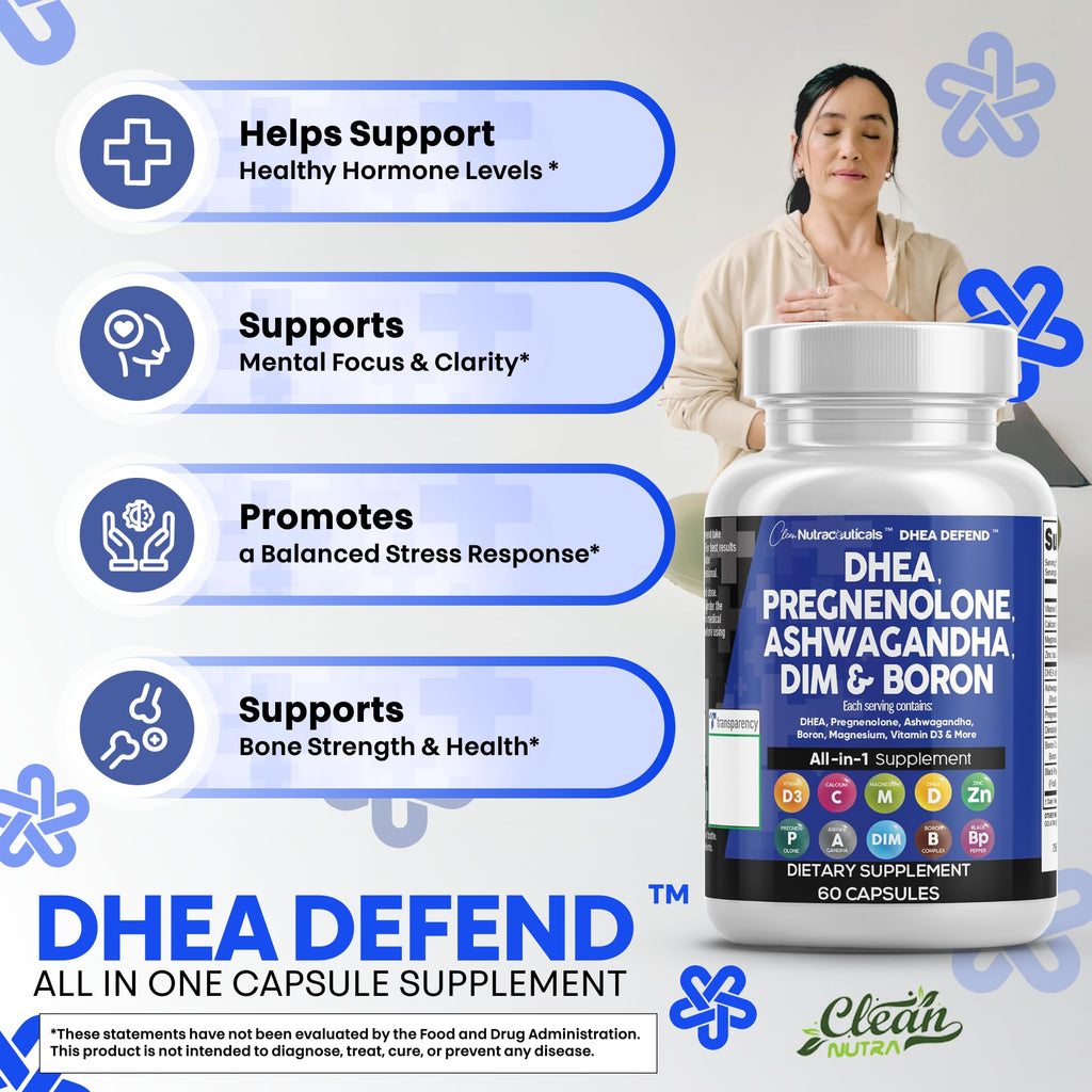 DHEA 200mg Supplement Pregnenolone 100mg for Men & Women with DIM Ashwagandha Boron 6mg Complex Calcium Magnesium Zinc 50mg Vitamin D3 5000 iu Hormone Support Capsules Pills - Made in USA 60 Ct Clean NutraceuticalsBuy Supplements Australia