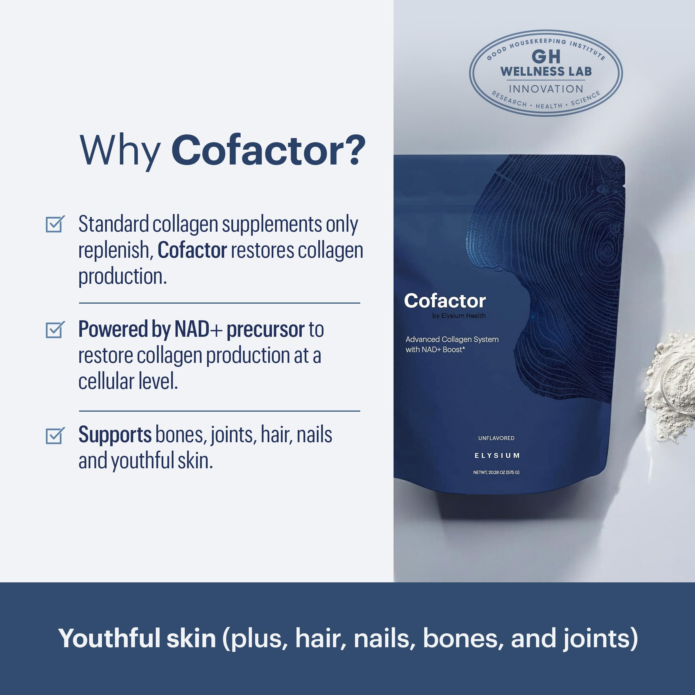 ELYSIUM Cofactor – 4-in-1 Collagen Peptides Powder w/NAD+, Hyaluronic Acid & Vitamin C for Skin, Hair, Nails, Joints & Cellular Health, Collagen Supplements for Men & Women – Unflavored, 28 Servings ELYSIUMBuy Supplements Australia