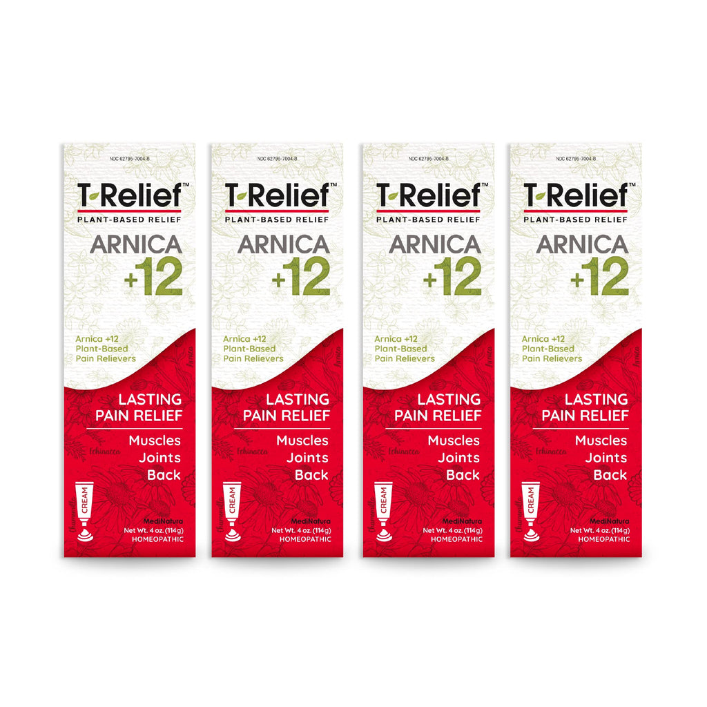 T-Relief Arnica +12 Cream Natural Relieving Actives for Back Pain Joint Soreness Muscle Aches & Stiffness, Whole Body Fast Acting Relief for Women & Men - 4 oz (4 Pack) MediNaturaBuy Supplements Australia