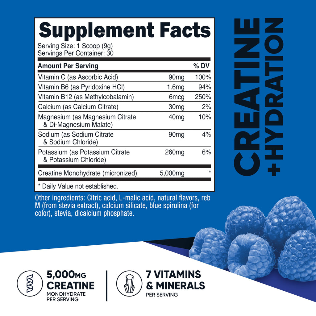 Nutricost Creatine Monohydrate + Hydration Blue Raspberry Flavored (30 Servings) - 7 Vitamins & Minerals, 5000mg of Creatine Per Serving NutricostBuy Supplements Australia